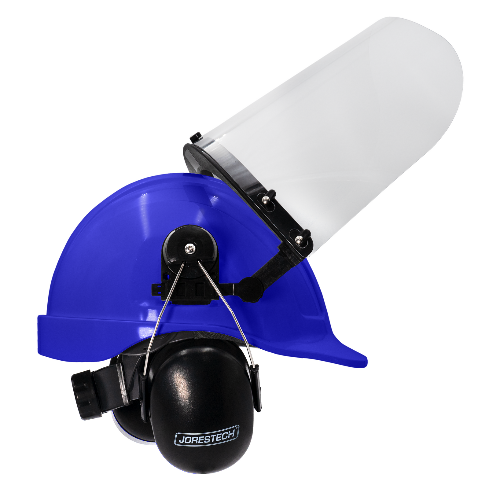 Blue cap style hard hat kit with mountable earmuffs and hi-transparency face shield