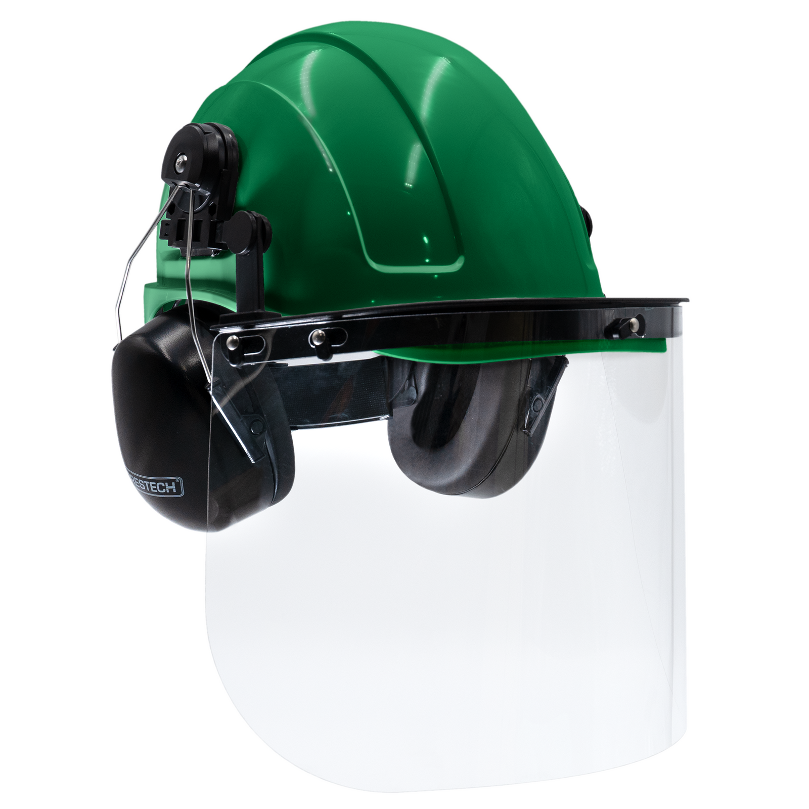 Green cap style hard hat kit with mountable earmuffs and hi-transparency face shield