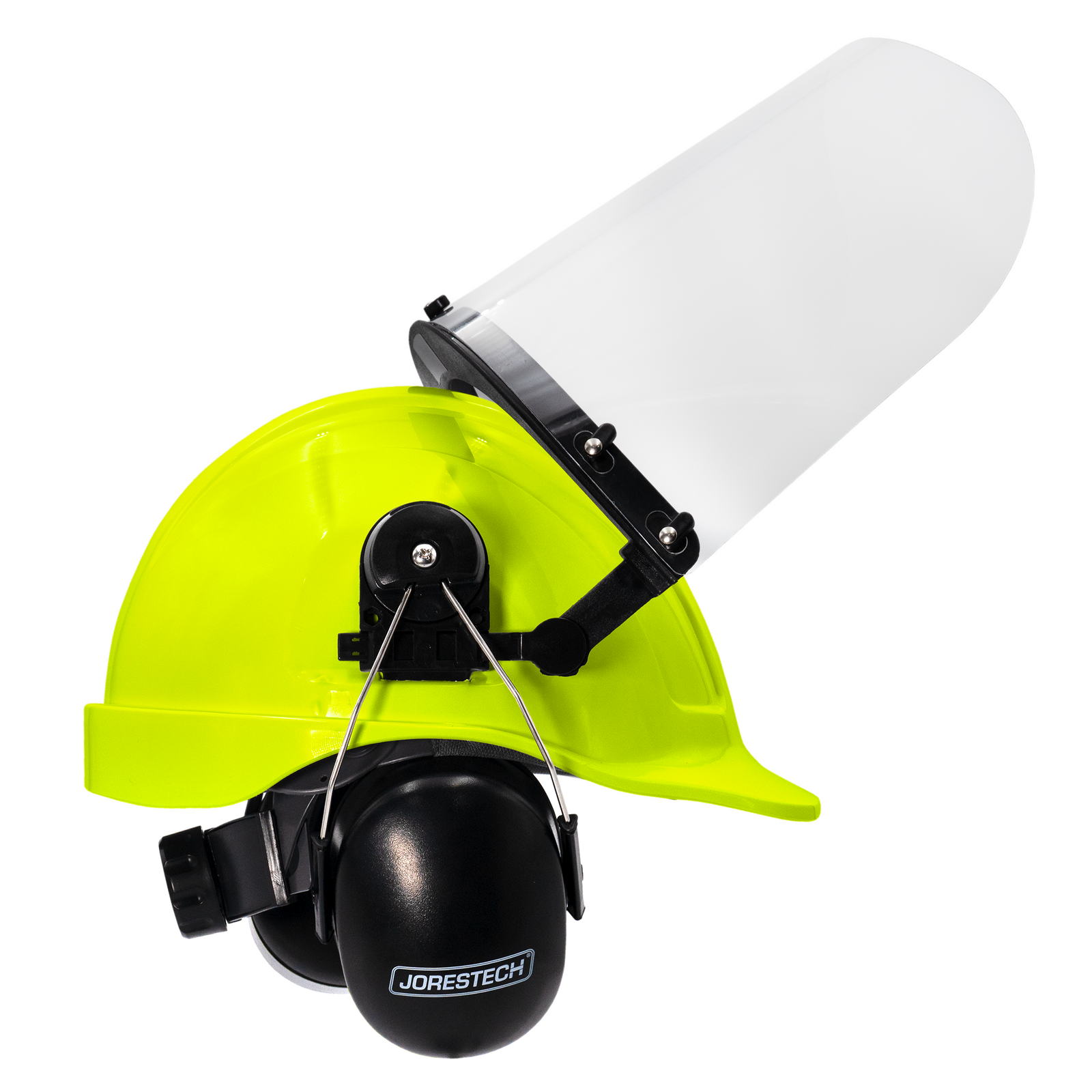 Lime cap style hard hat kit with mountable earmuffs and hi-transparency face shield