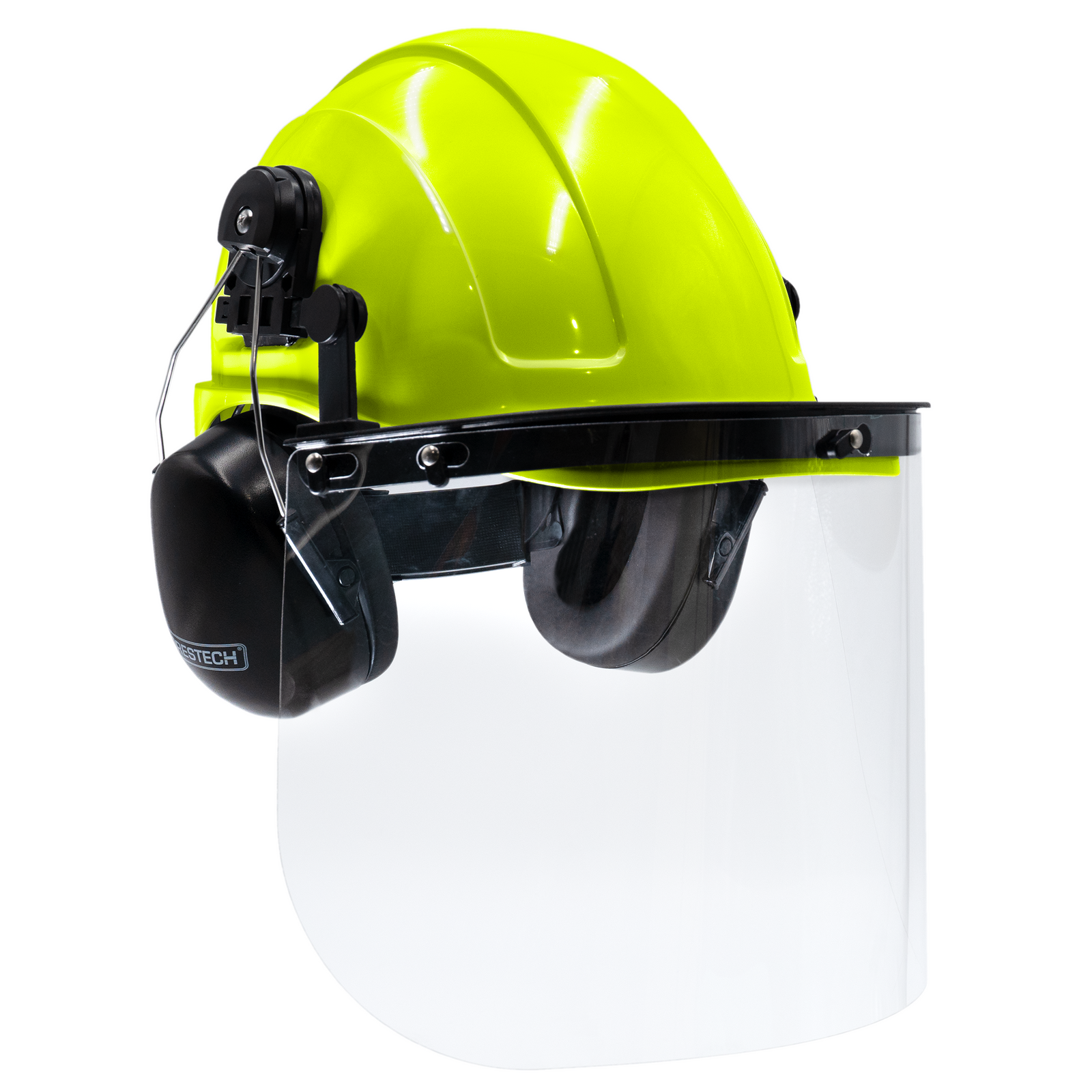 Lime cap style hard hat kit with mountable earmuffs and hi-transparency face shield