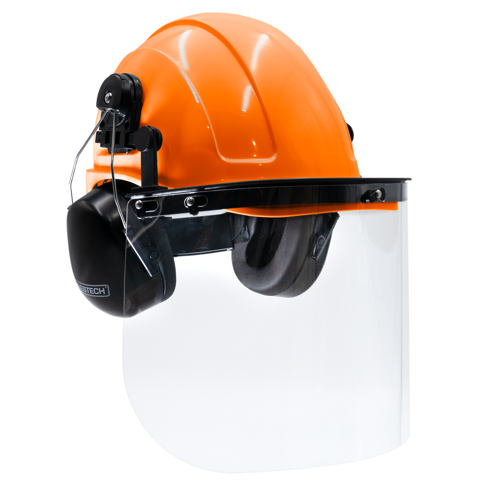 Orange cap style hard hat kit with mountable earmuffs and hi-transparency face shield