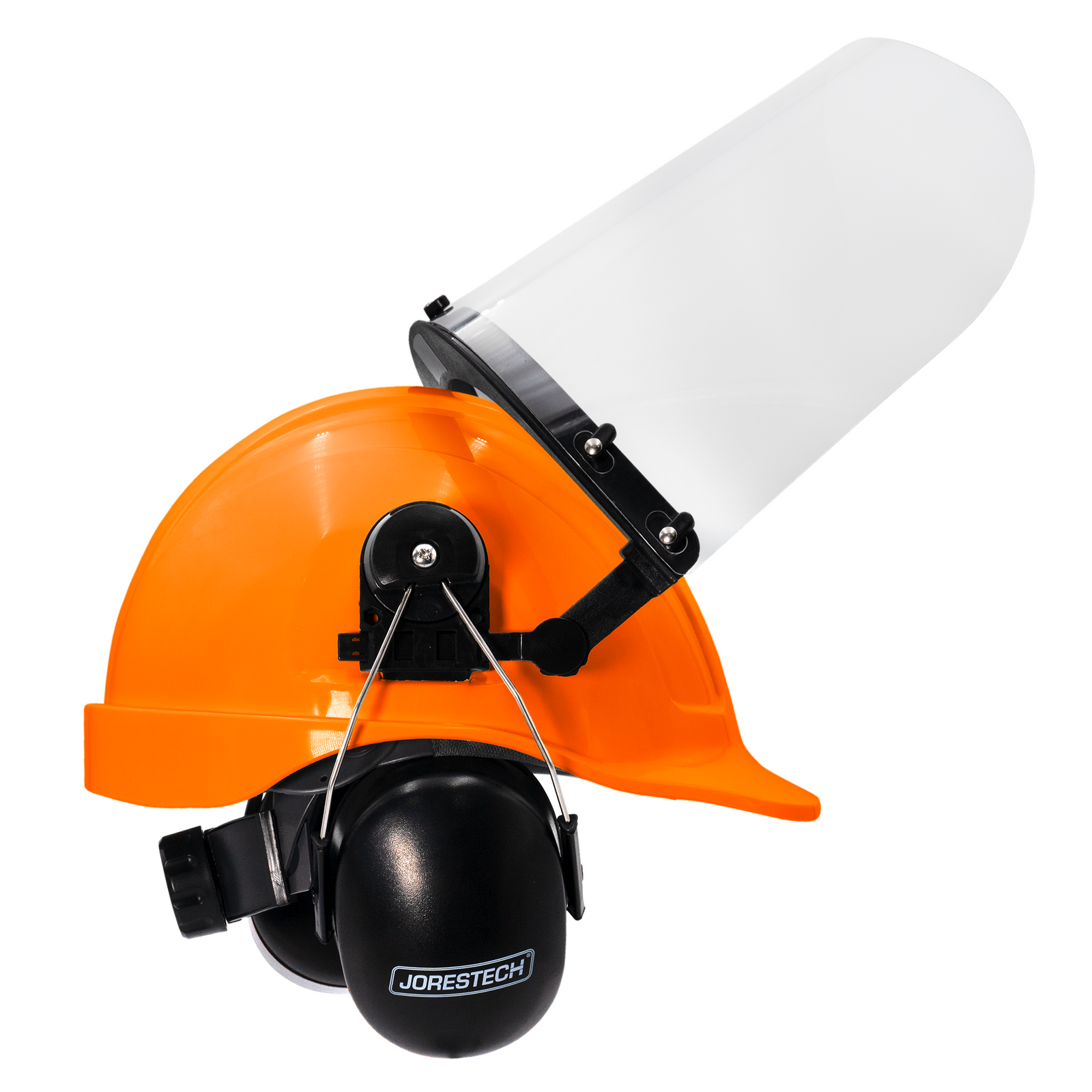Orange cap style hard hat kit with mountable earmuffs and hi-transparency face shield