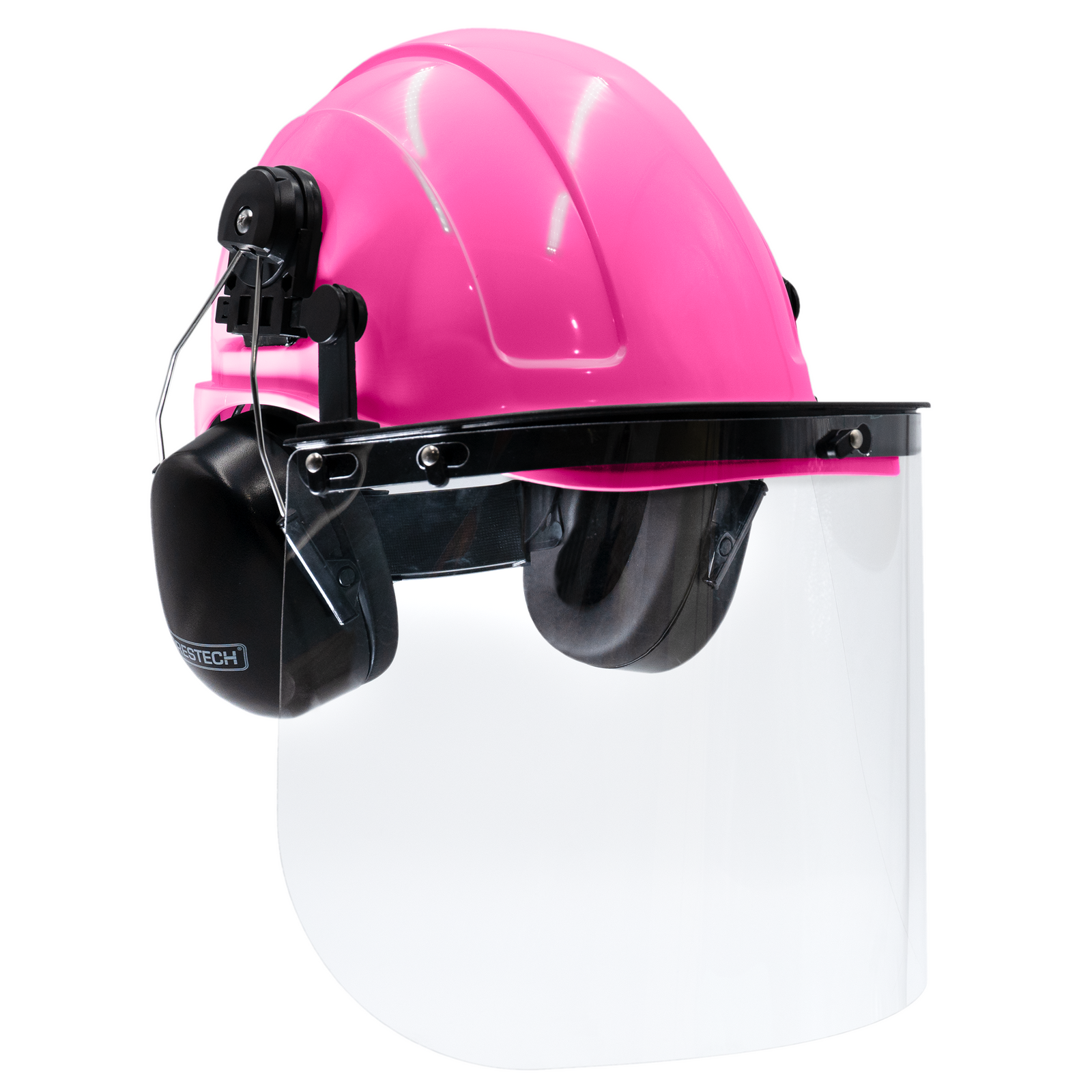 Pink cap style hard hat kit with mountable earmuffs and hi-transparency face shield