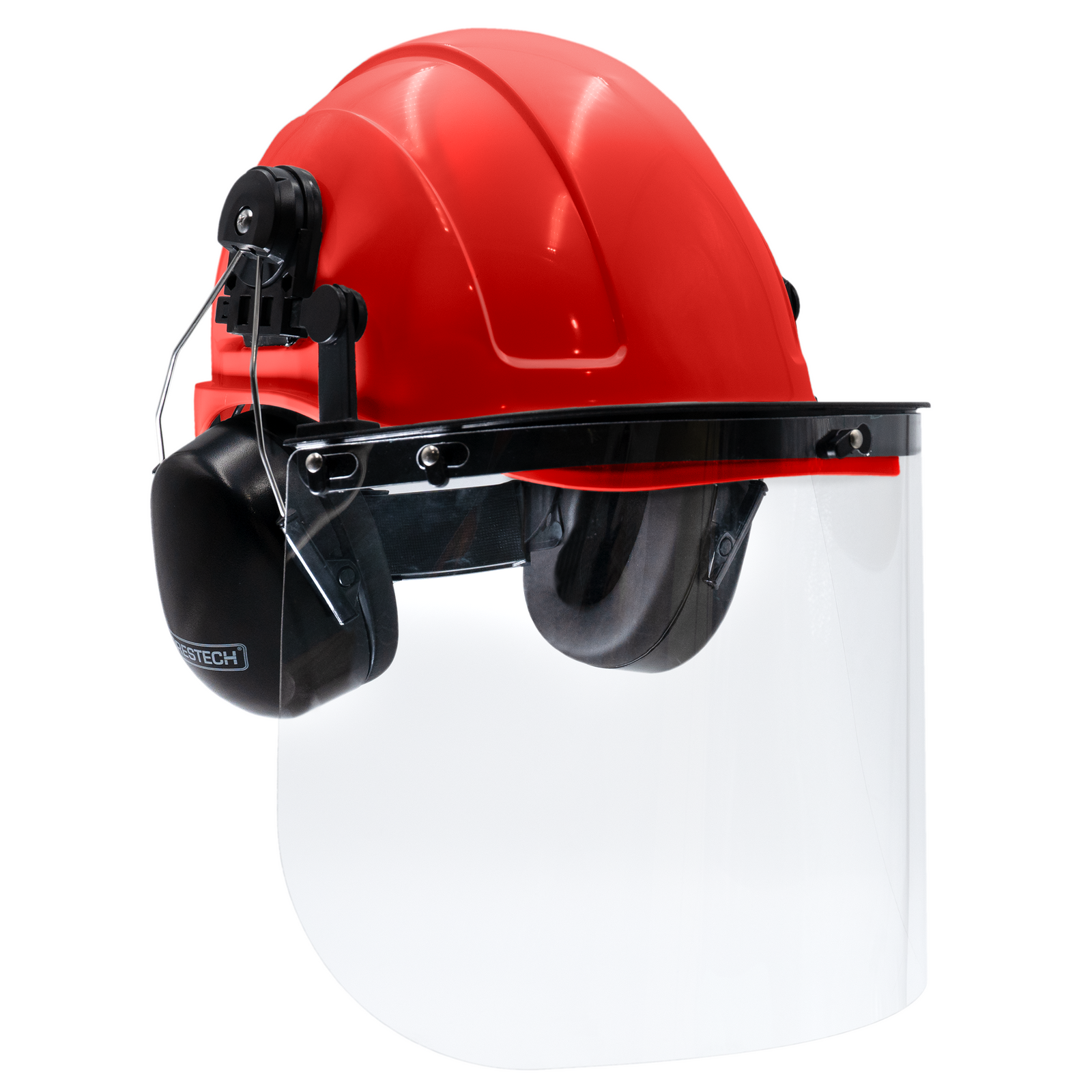 Blue cap style hard hat kit with mountable earmuffs and hi-transparency face shield