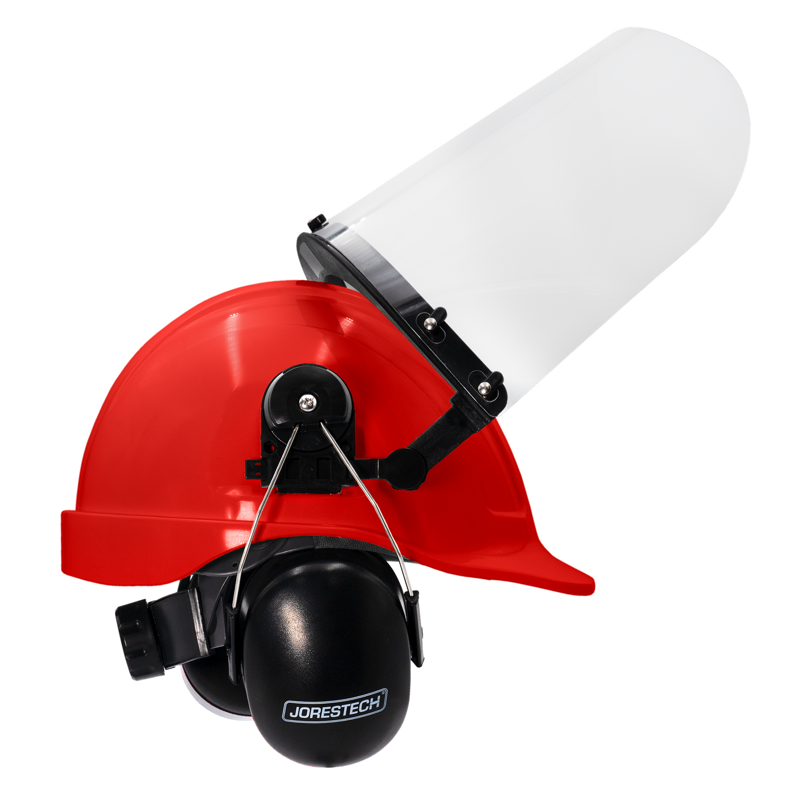 Red cap style hard hat kit with mountable earmuffs and hi-transparency face shield