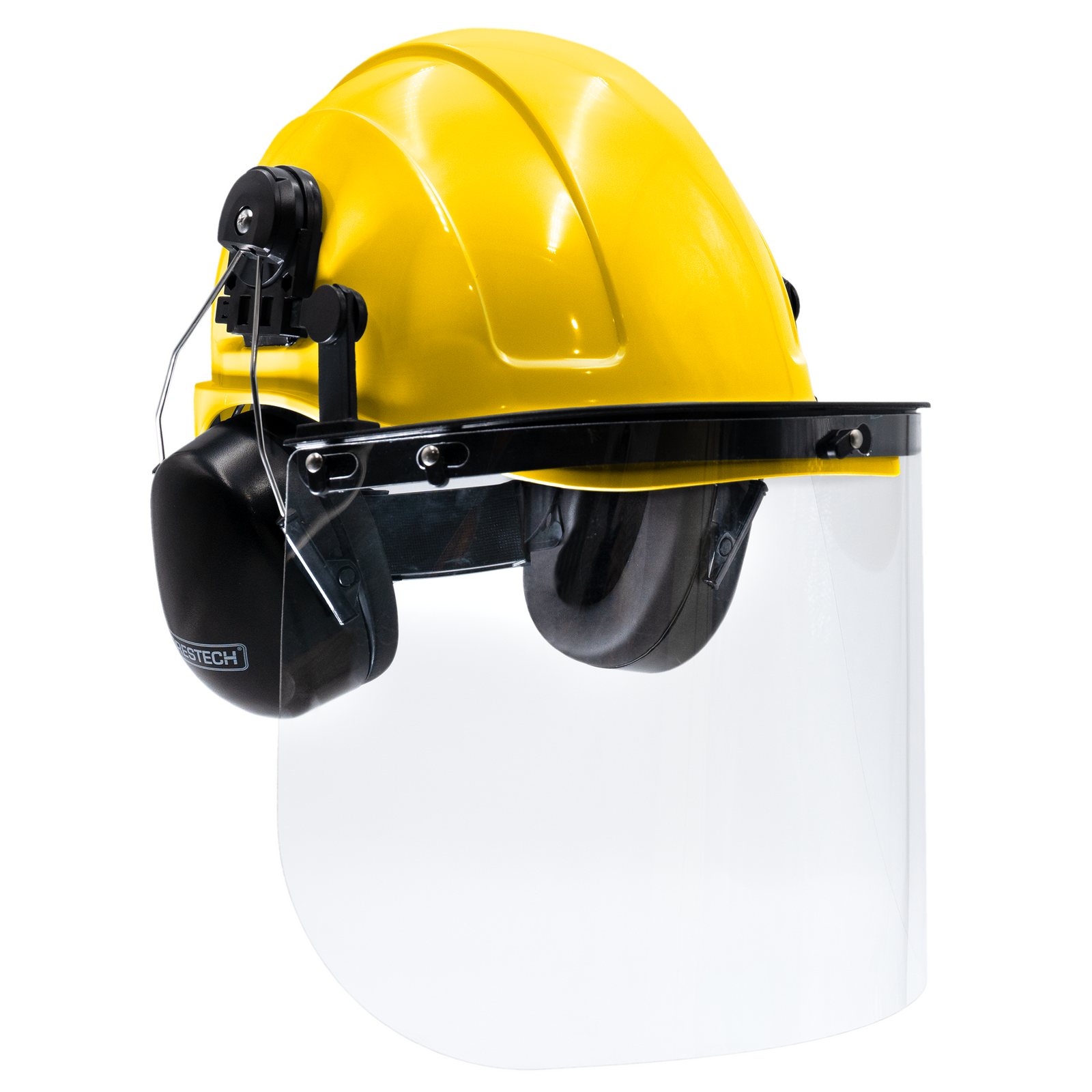 Yellow cap style hard hat kit with mountable earmuffs and hi-transparency face shield