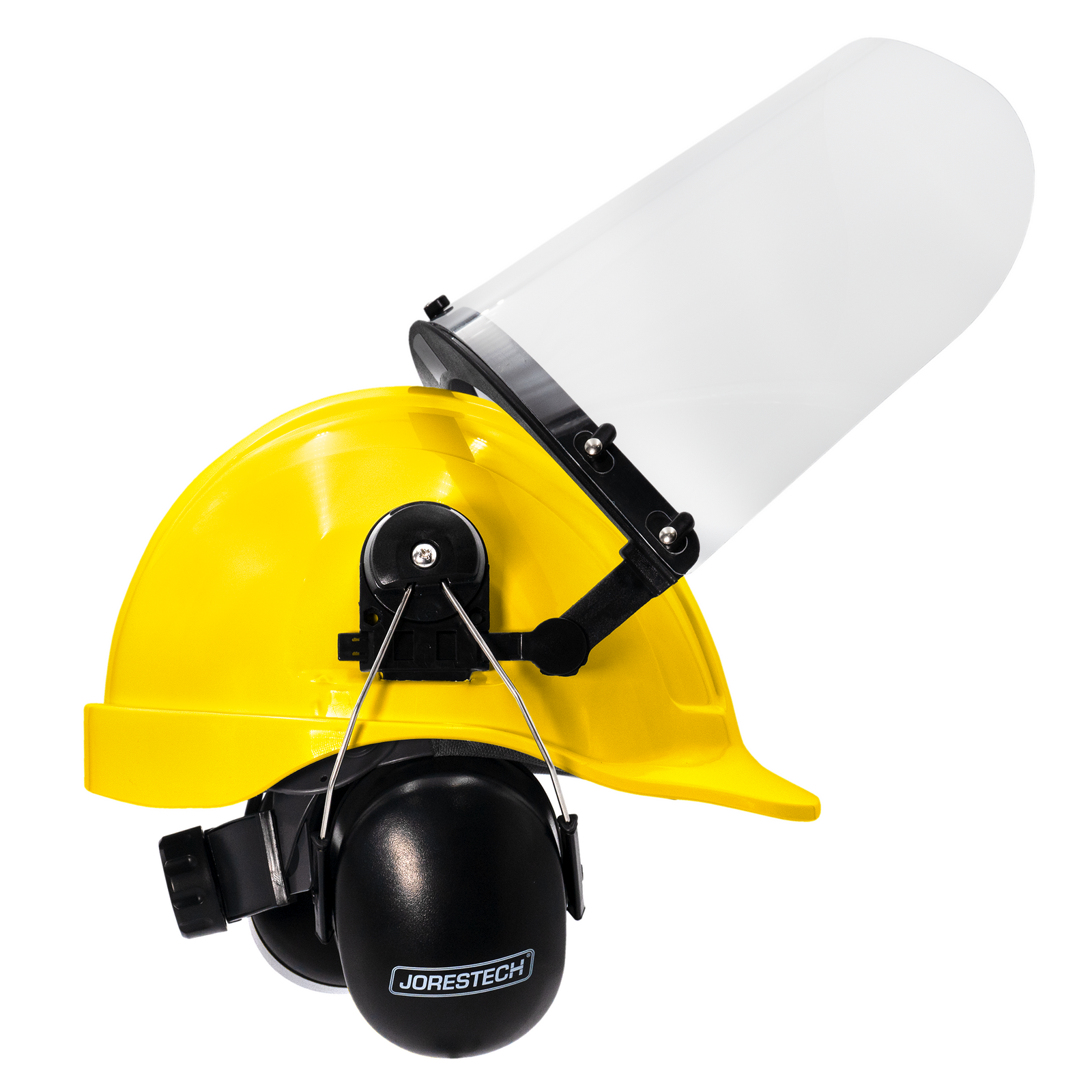 Yellow cap style hard hat kit with mountable earmuffs and hi-transparency face shield