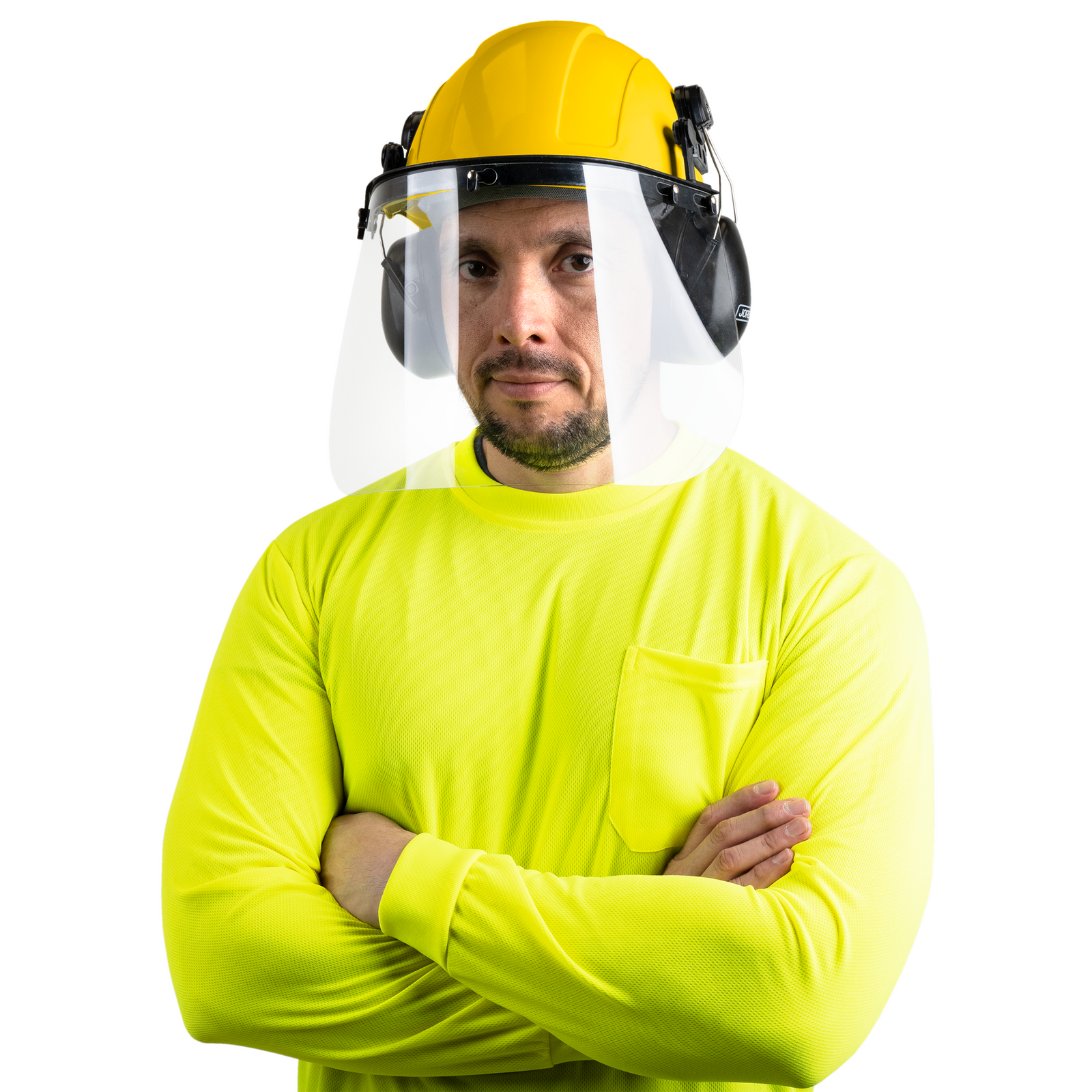 Man wearing the cap style hard hat kit with mountable earmuffs and hi transparency face shield