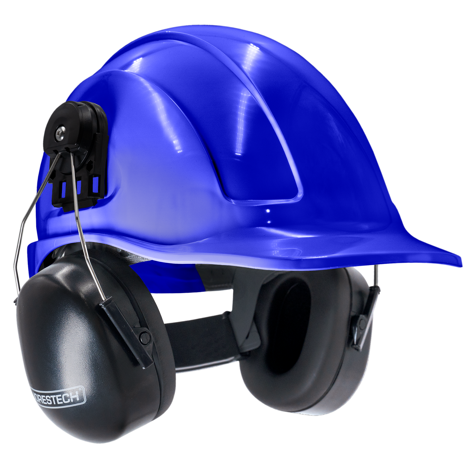 Cap style blue hard hat with mountable earmuffs