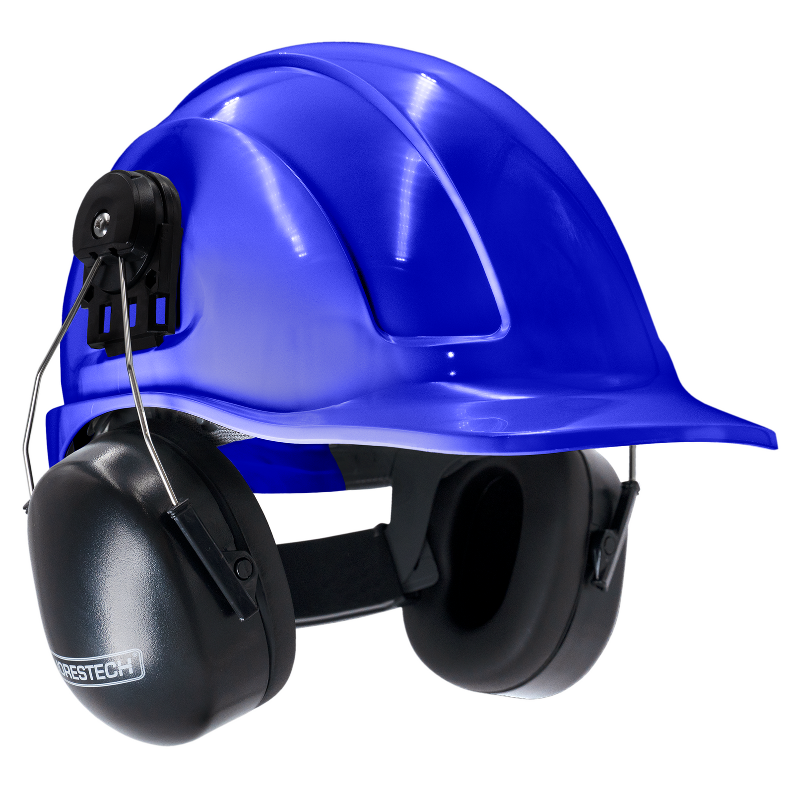 Cap style blue hard hat with mountable earmuffs