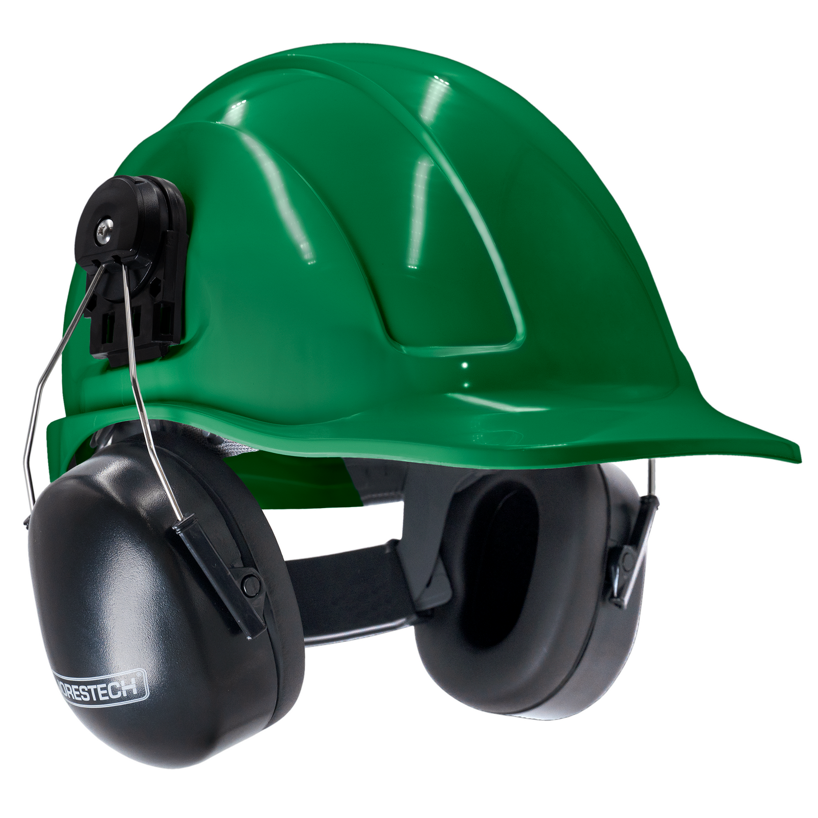 Cap style green hard hat with mountable earmuffs