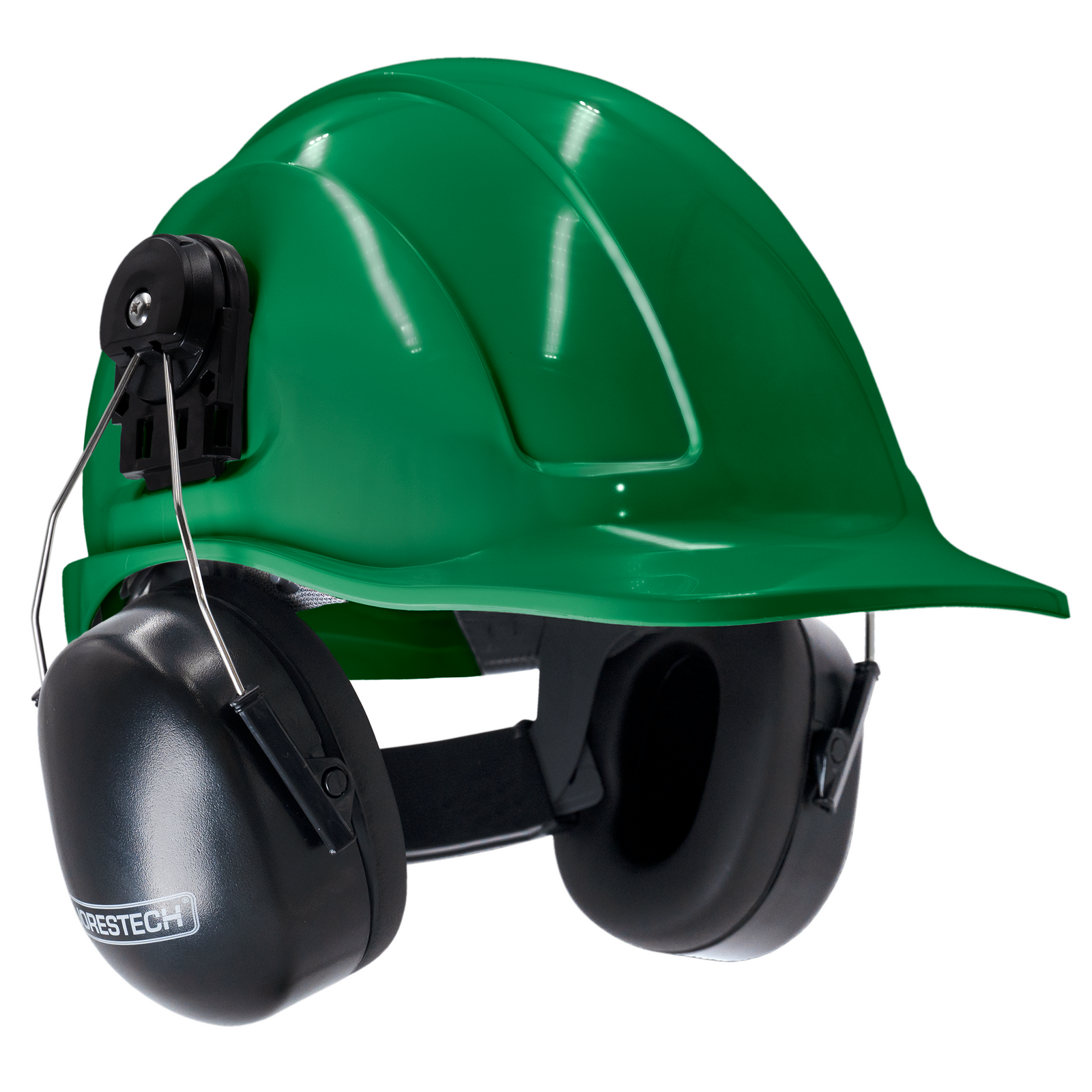 Cap style green hard hat with mountable earmuffs