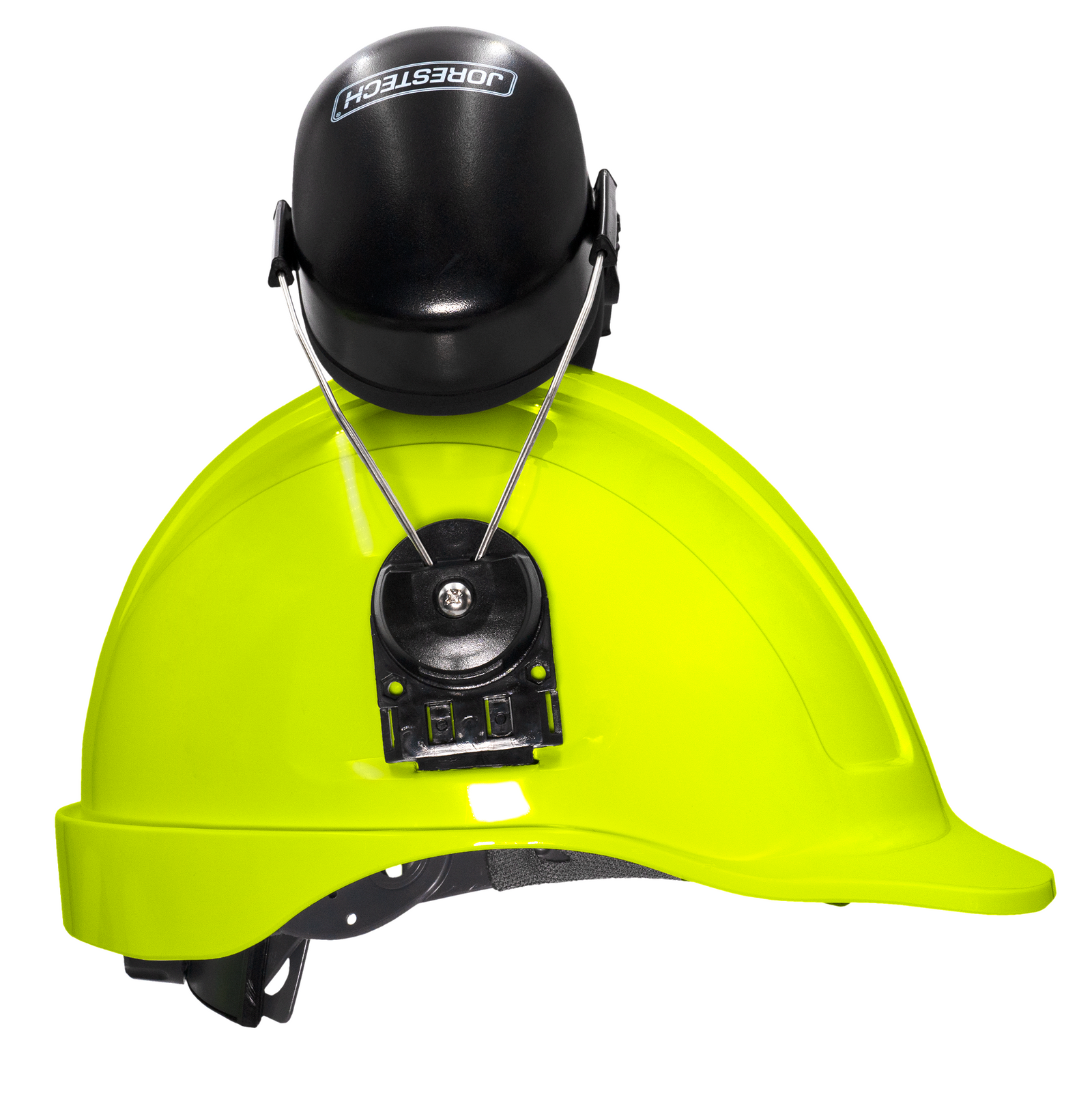 Cap style lime hard hat with mountable earmuffs