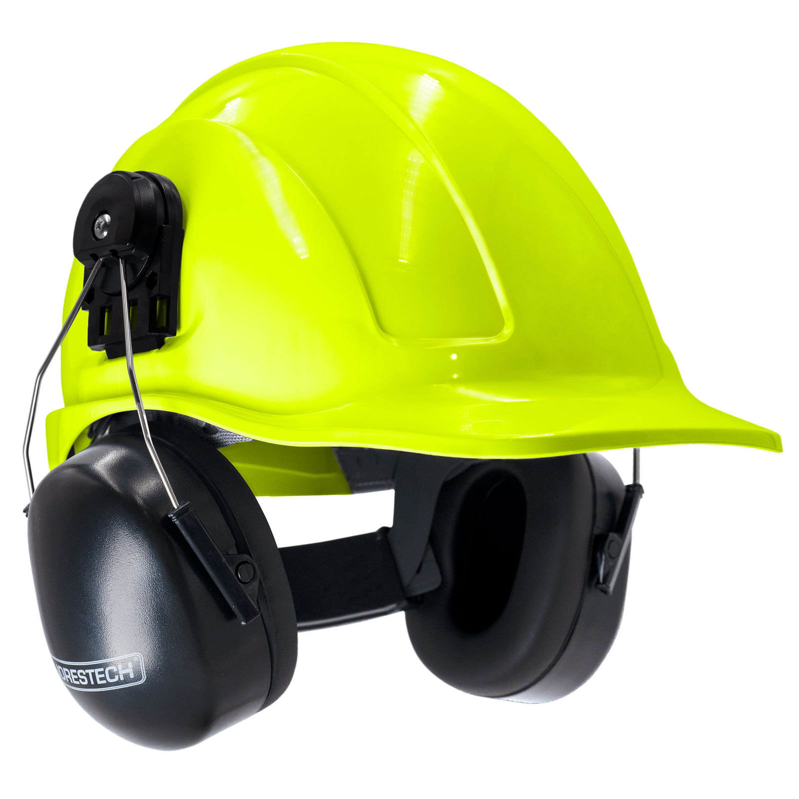 Cap style lime hard hat with mountable earmuffs
