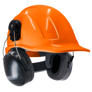 Cap style orange hard hat with mountable earmuffs