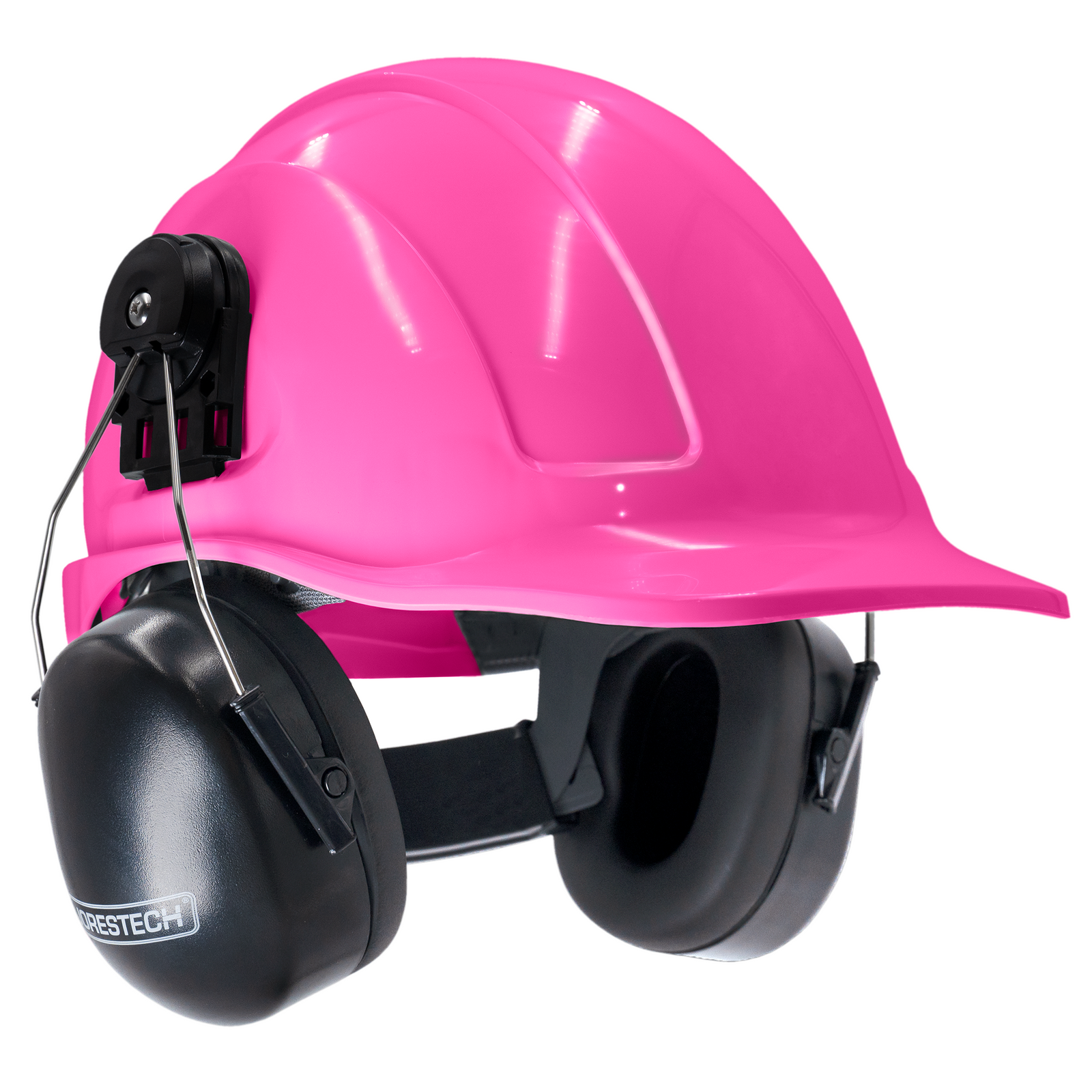 Cap style pink hard hat with mountable earmuffs