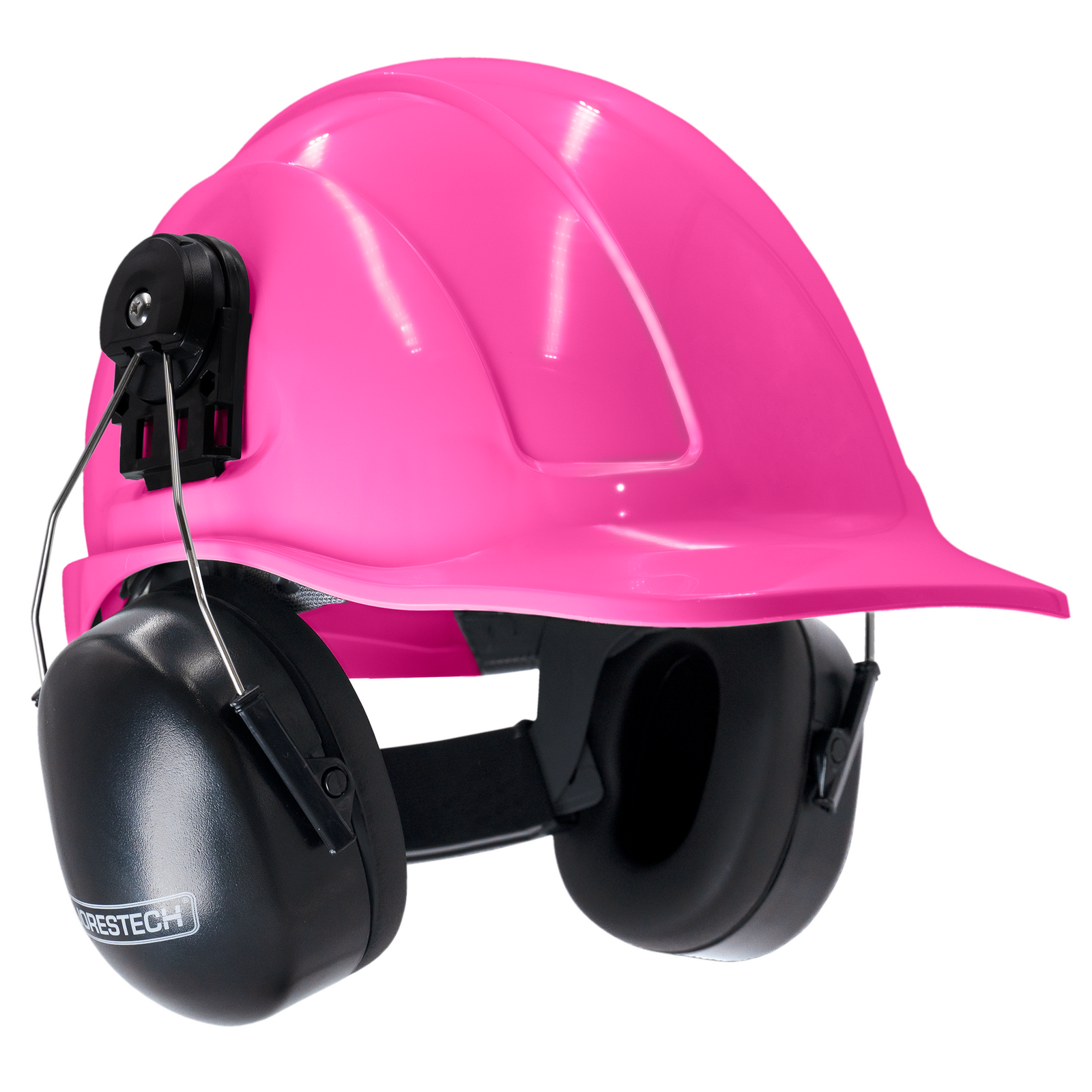 Cap style pink hard hat with mountable earmuffs