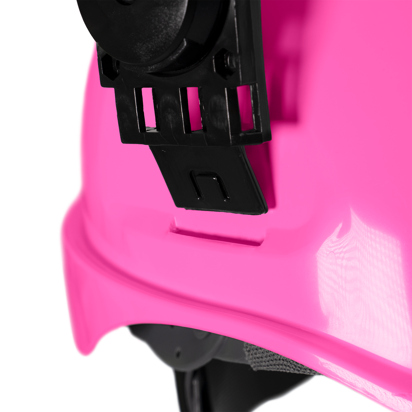 Close up of a pink slotted cap style hard hat with 4 point suspension