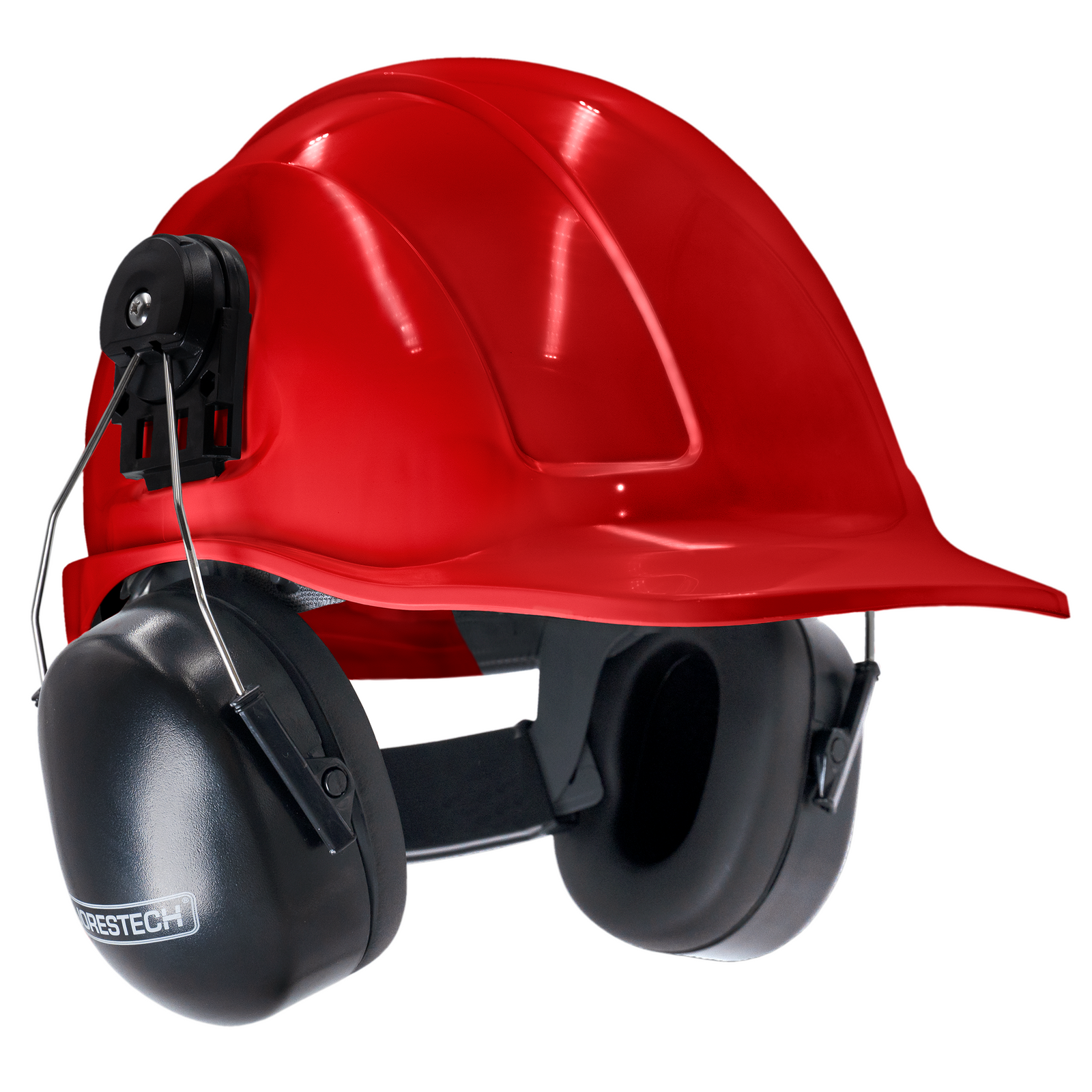 Cap style red hard hat with mountable earmuffs