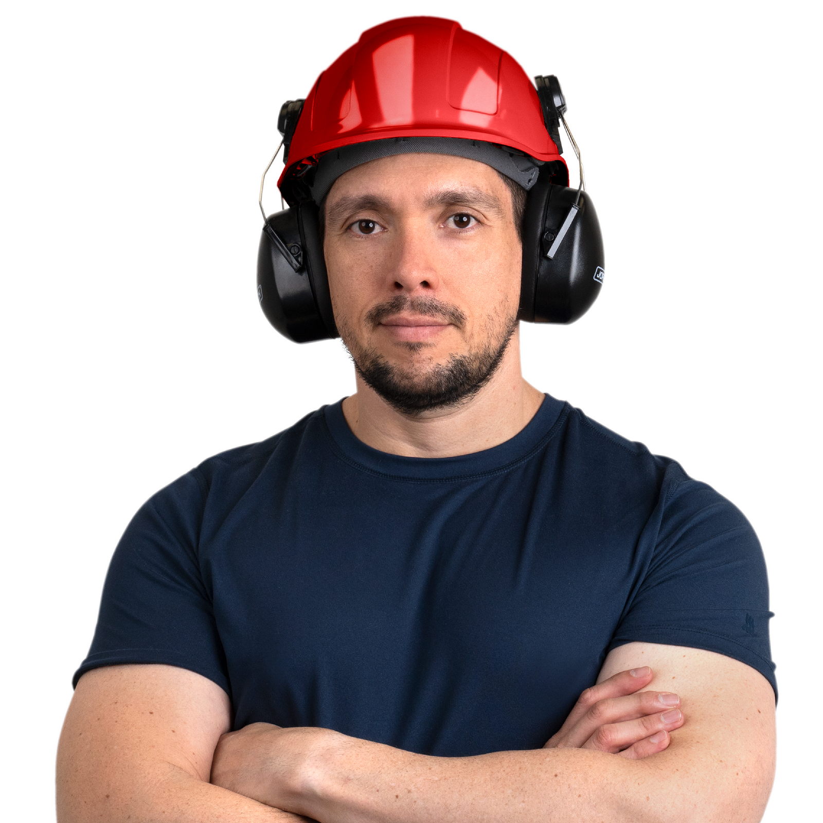 Worker wearing a slotted cap style hard hat with brow sweat band