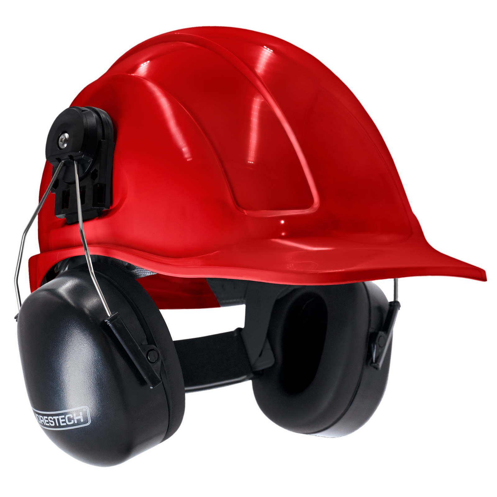 Cap style red hard hat with mountable earmuffs
