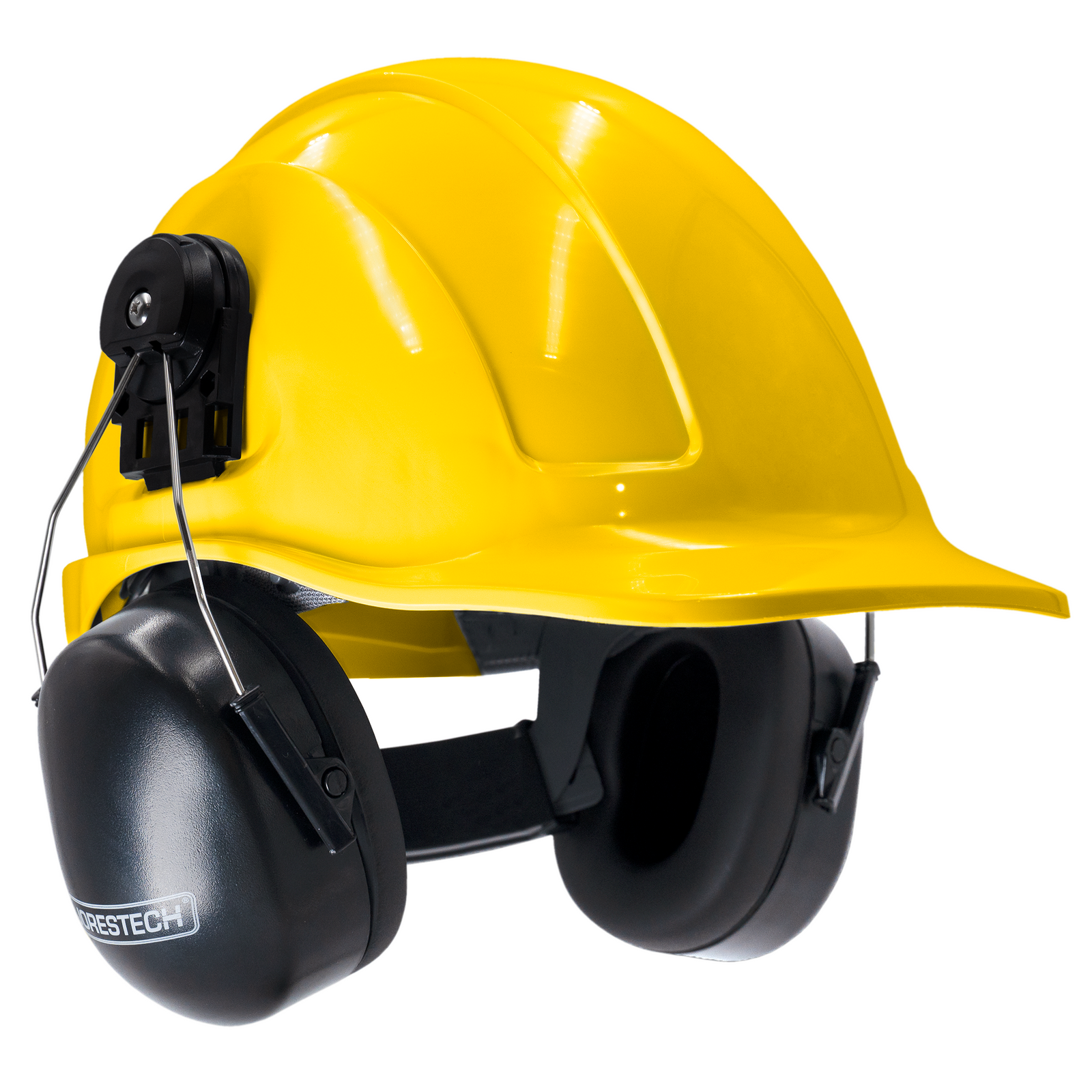 Cap style yellow hard hat with mountable earmuffs