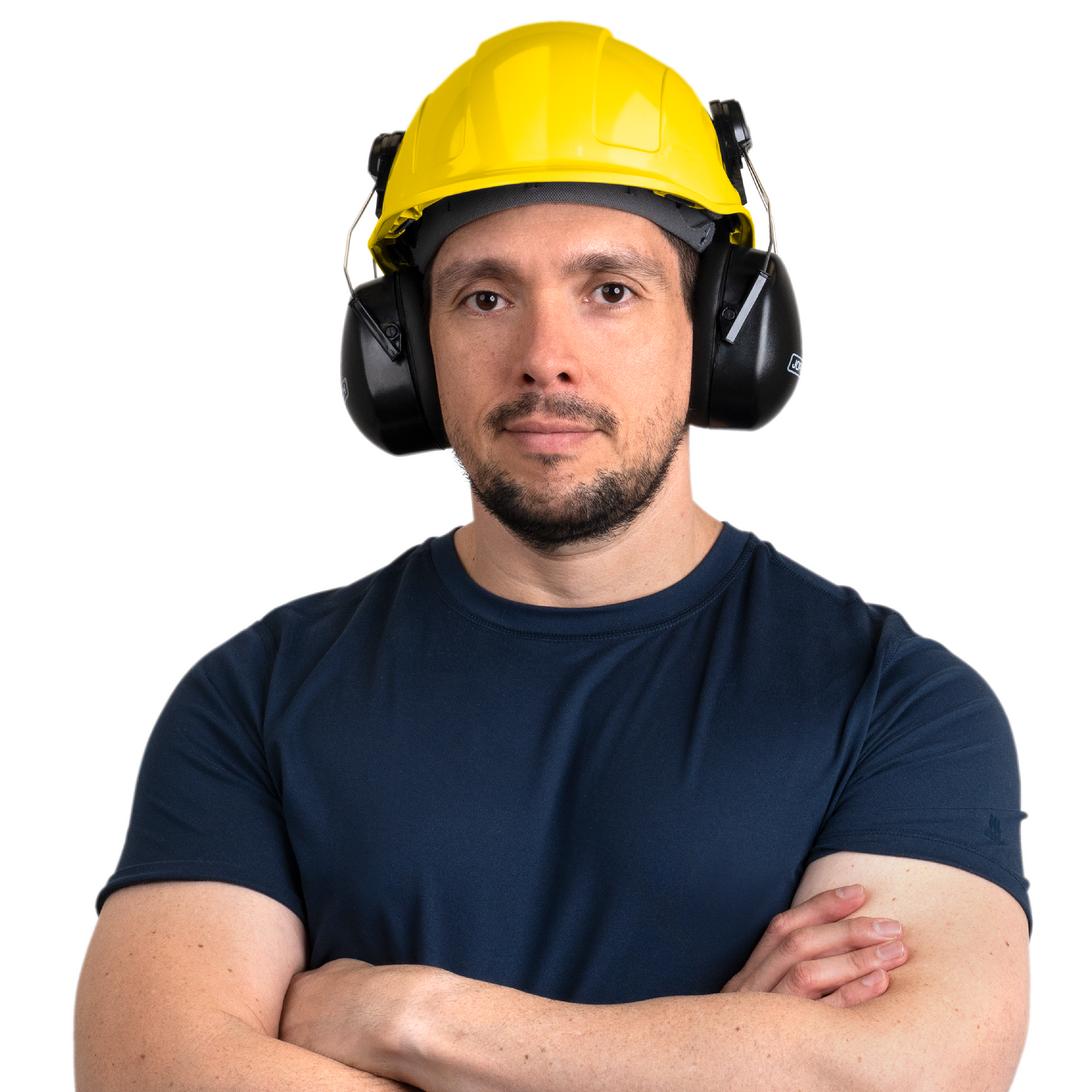 Worker wearing a slotted cap style hard hat with 4 point suspension and compatible ear muffs 