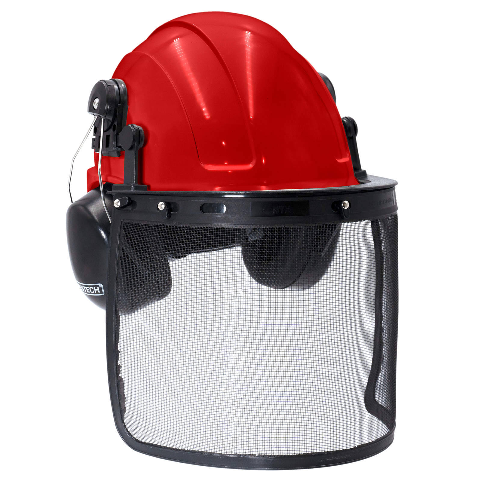 Red safety cap style helmet with iron mesh face shield and earmuffs for hearing protection