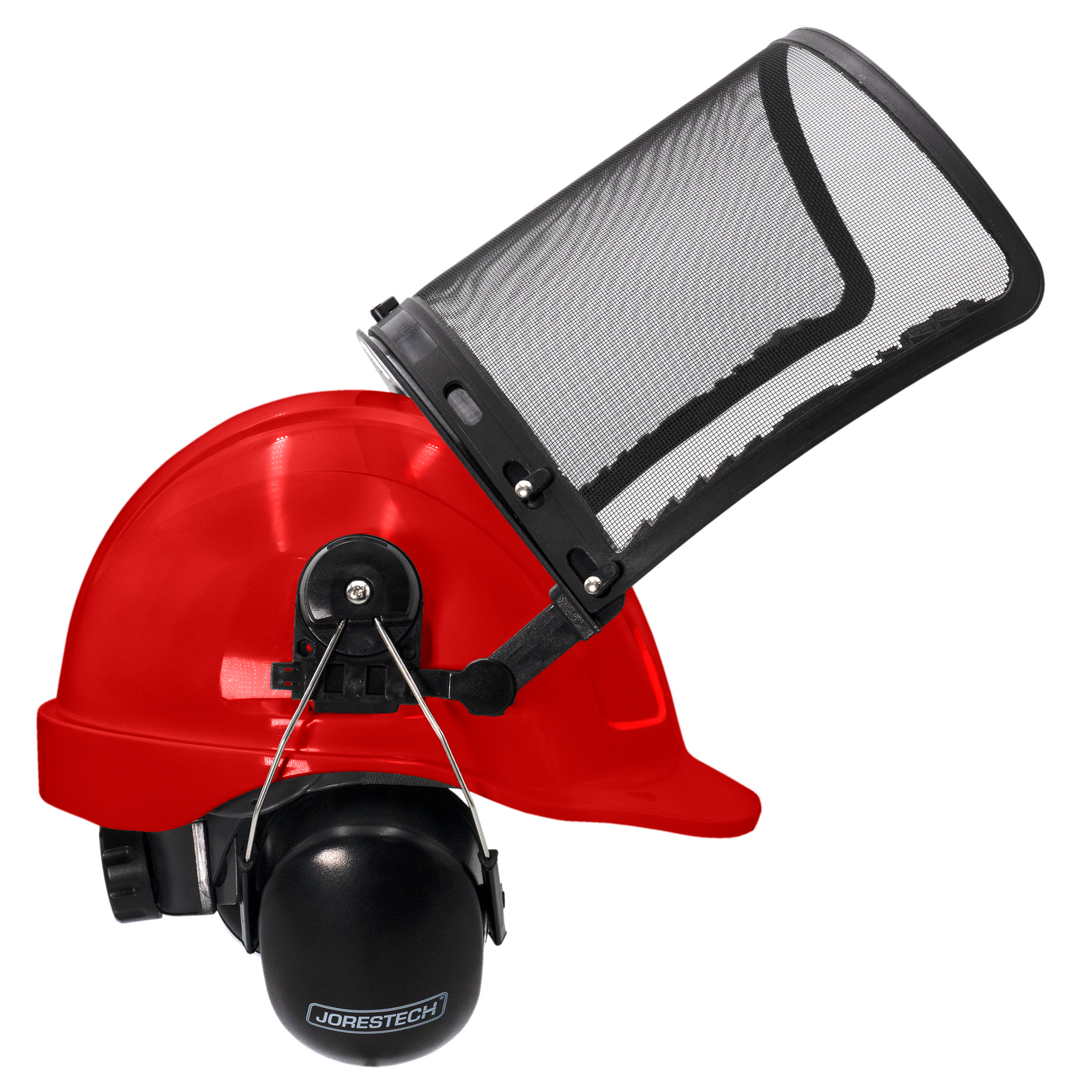 Red safety cap style hard hat kit with iron mesh face shield and earmuffs for hearing protection