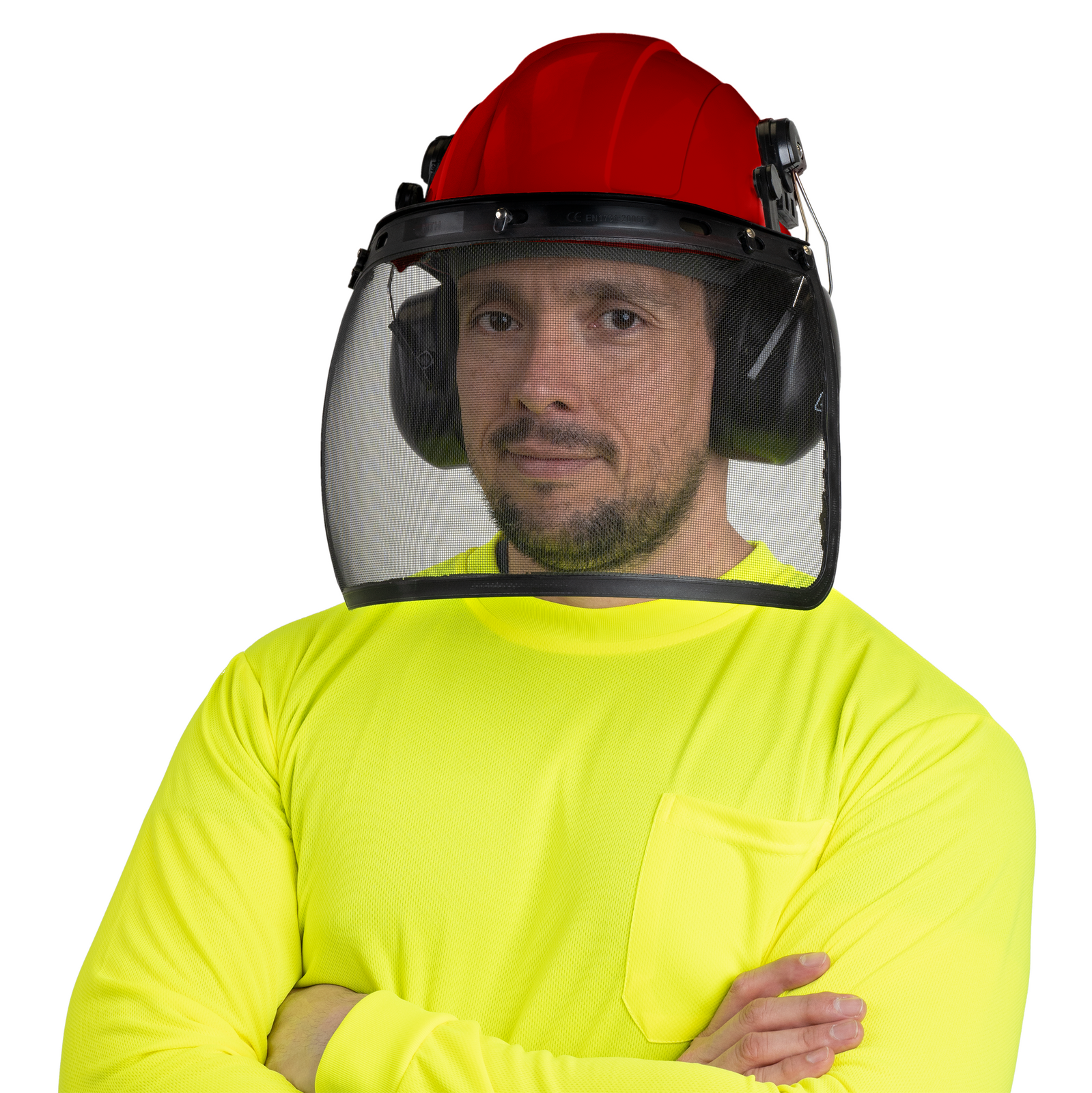 Man wearing a red cap style hard hat safety kit with mounted earmuffs and iron mesh face shield