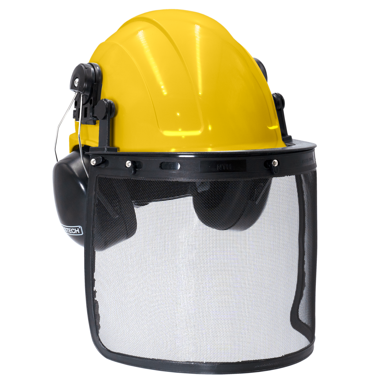 Yellow safety cap style helmet with iron mesh face shield and earmuffs for hearing protection