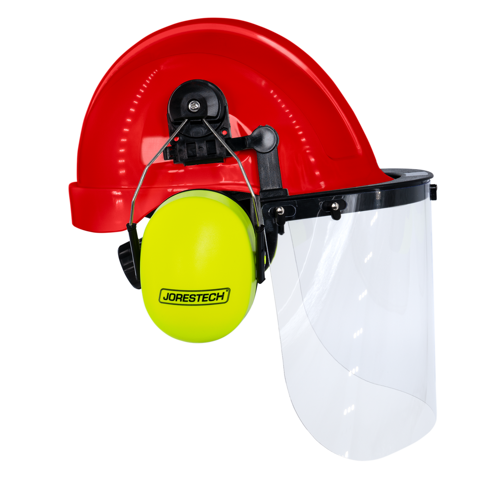 Red Cap-Style Hard Hat Kit with Lime Mountable Earmuffs and Hi-Transparency Face Shield