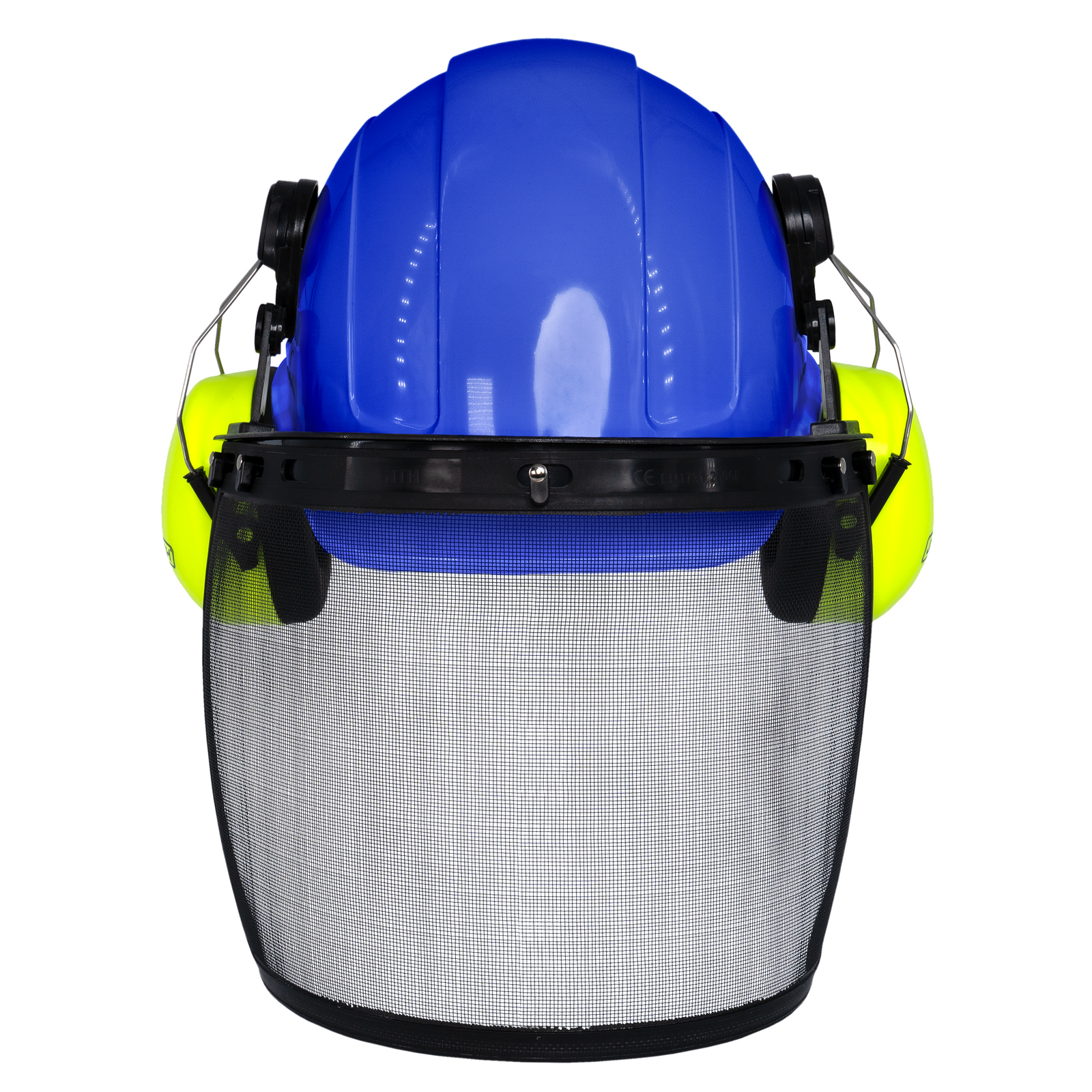 Blue Cap Style Hard Hat with Mountable Lime Earmuffs and Mesh Face Shield