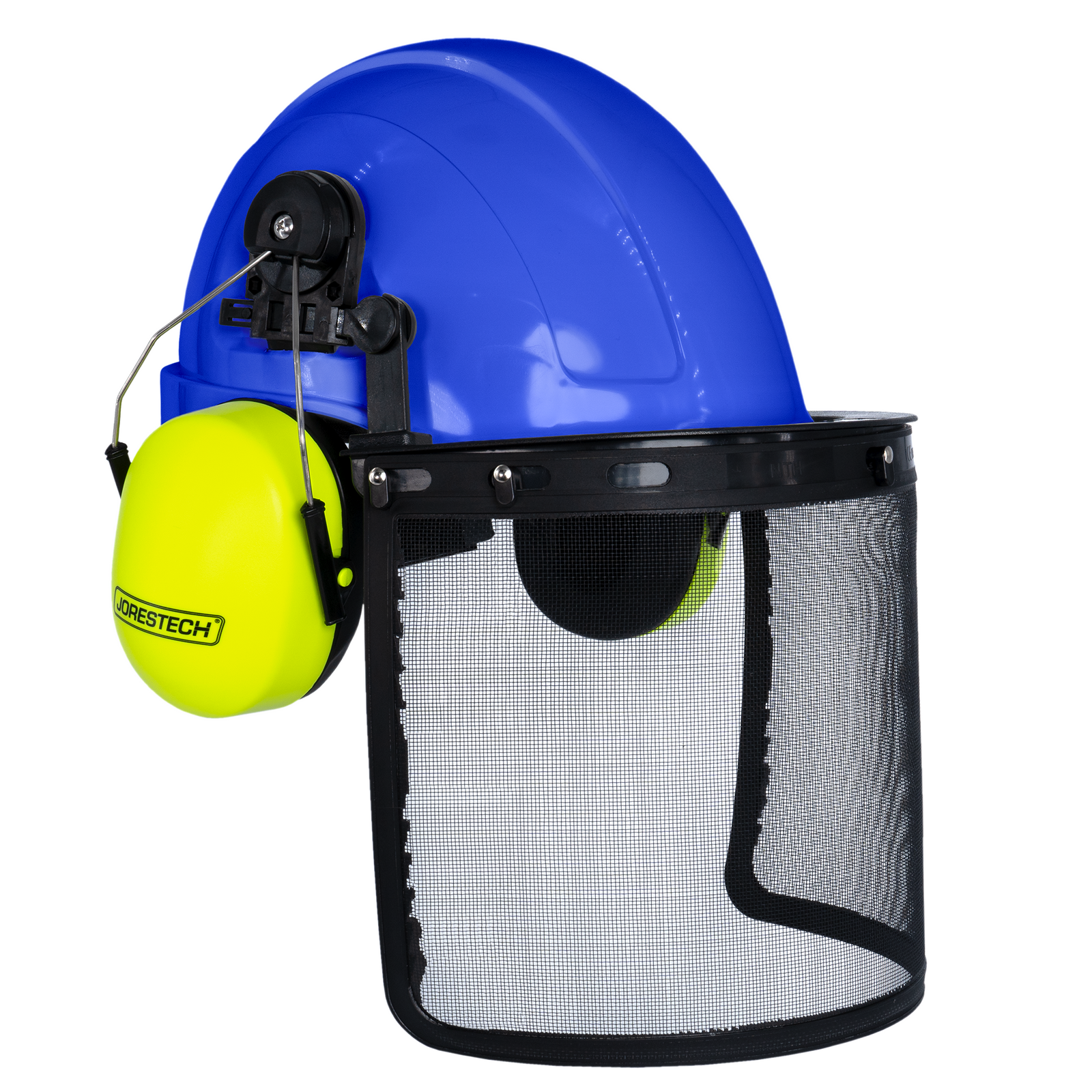 Blue Cap Style Hard Hat with Mountable Lime Earmuffs and Mesh Face Shield