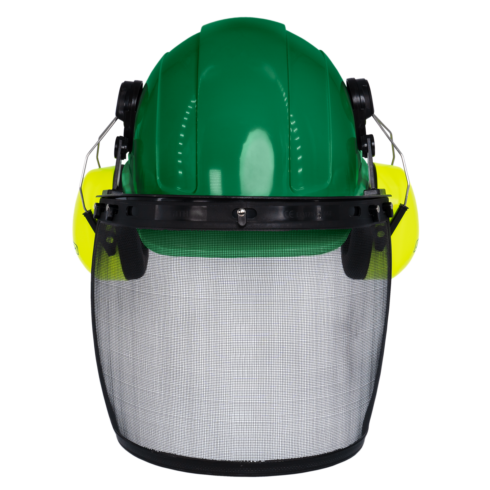 Green Cap Style Hard Hat with Mountable Lime Earmuffs and Mesh Face Shield