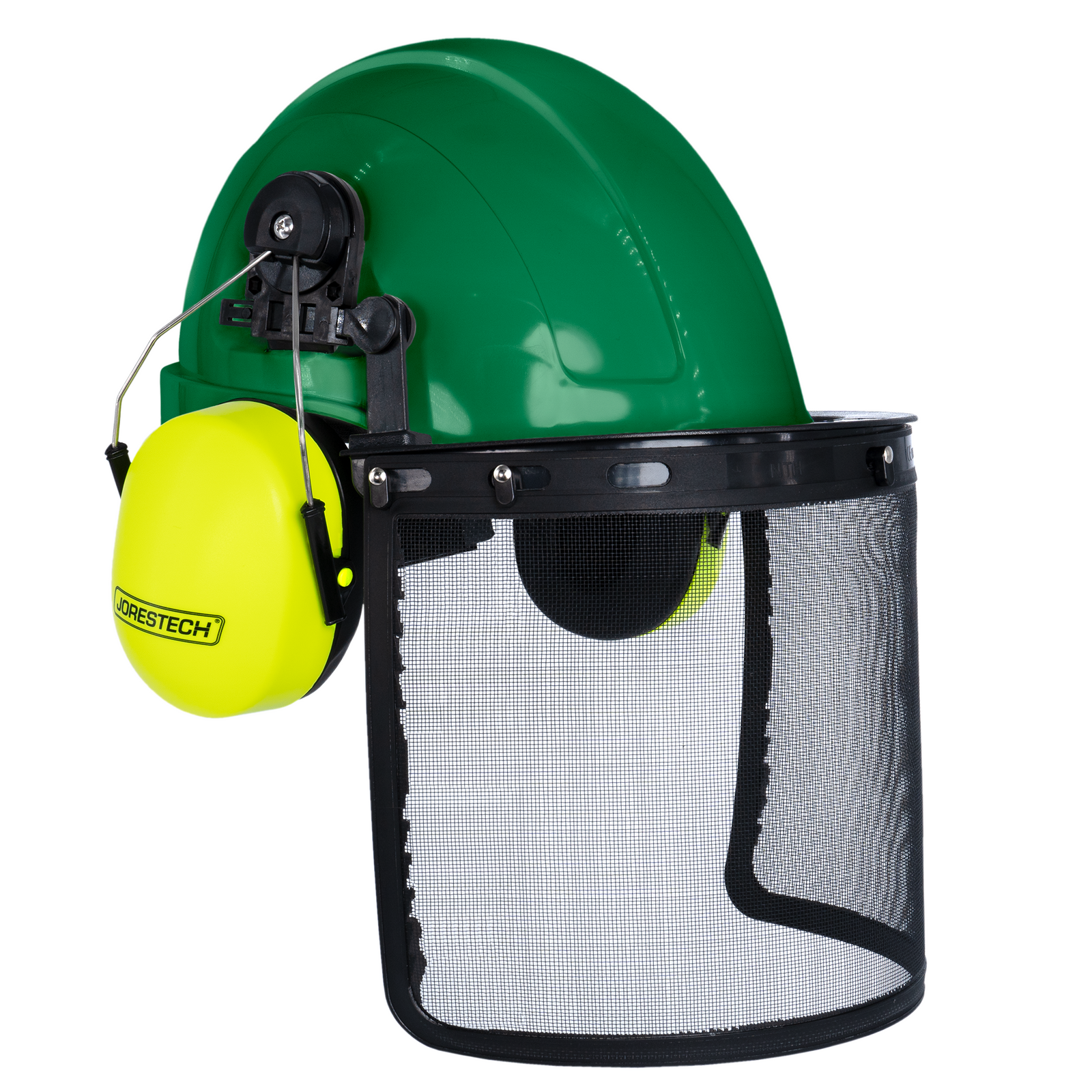 Green Cap Style Hard Hat with Mountable Lime Earmuffs and Mesh Face Shield