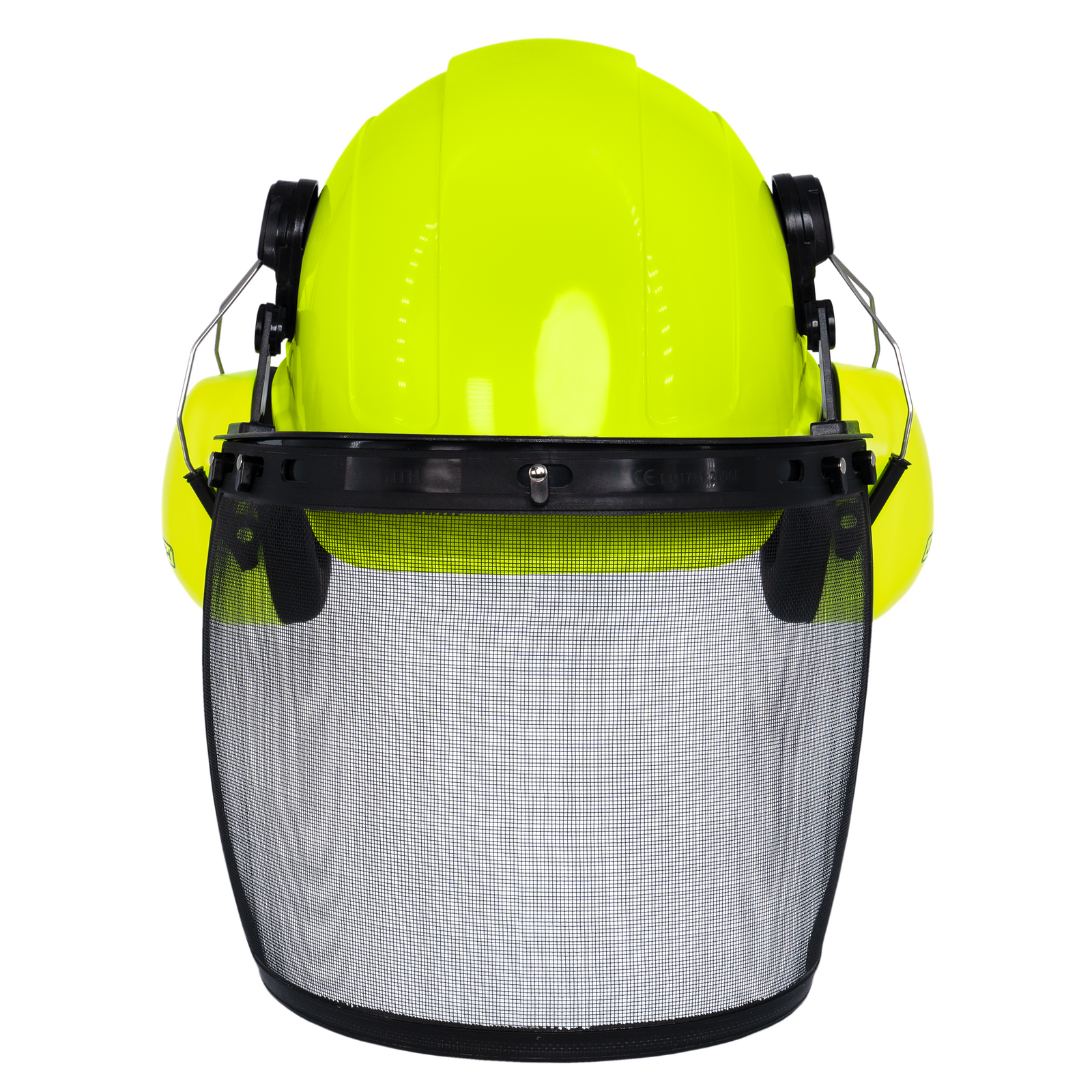 Lime Cap Style Hard Hat with Mountable Lime Earmuffs and Mesh Face Shield