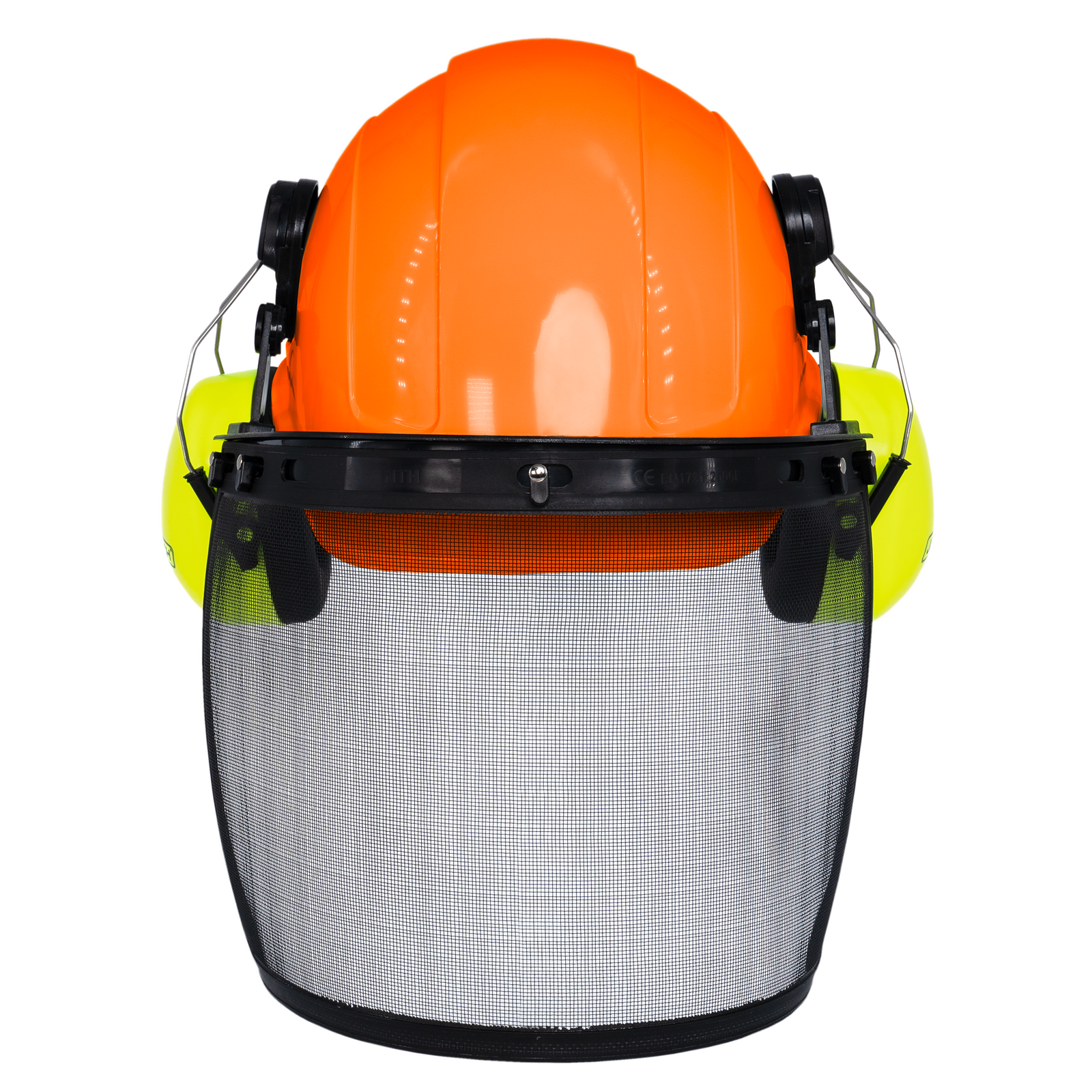 Orange Cap Style Hard Hat with Mountable Lime Earmuffs and Mesh Face Shield