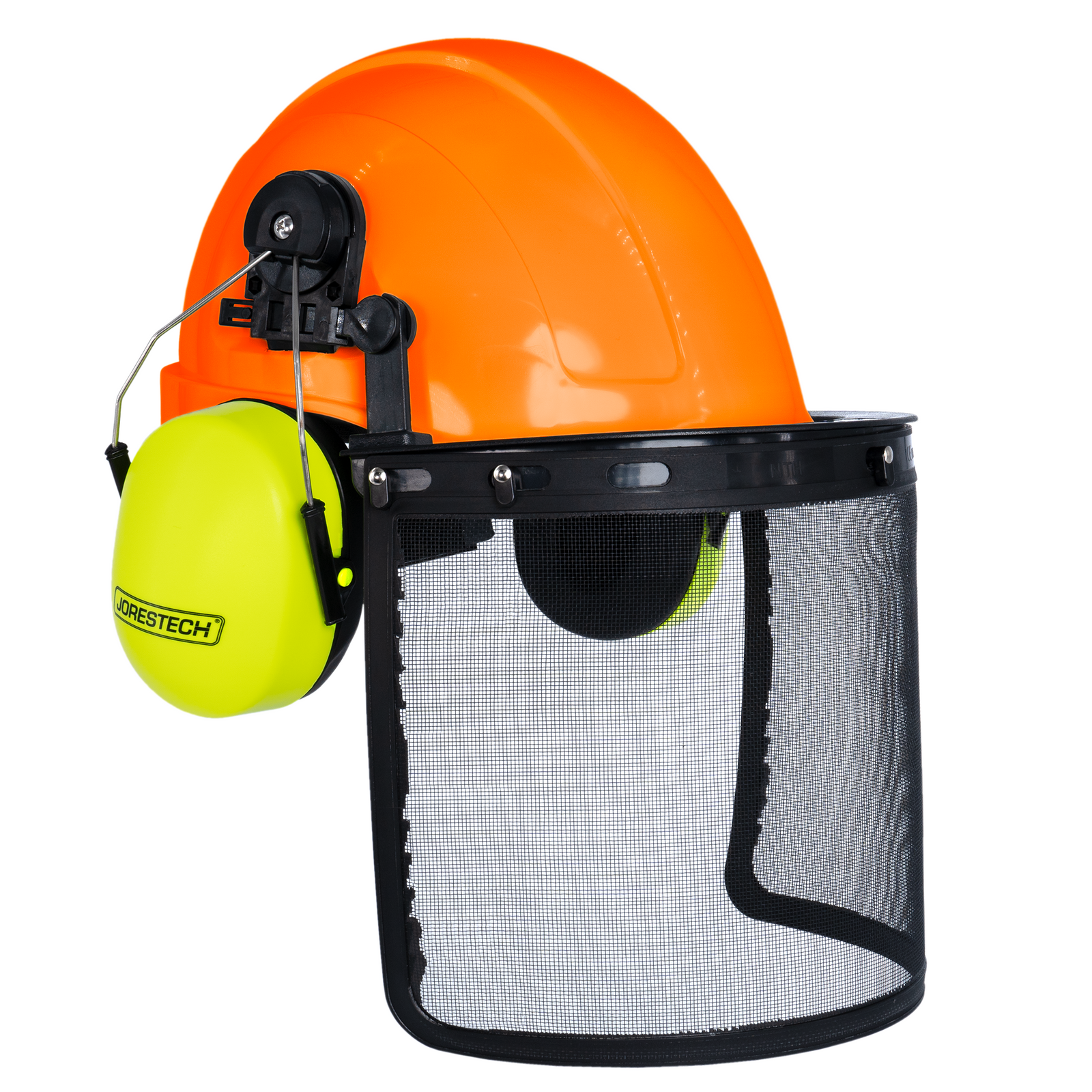 Orange Cap Style Hard Hat with Mountable Lime Earmuffs and Mesh Face Shield