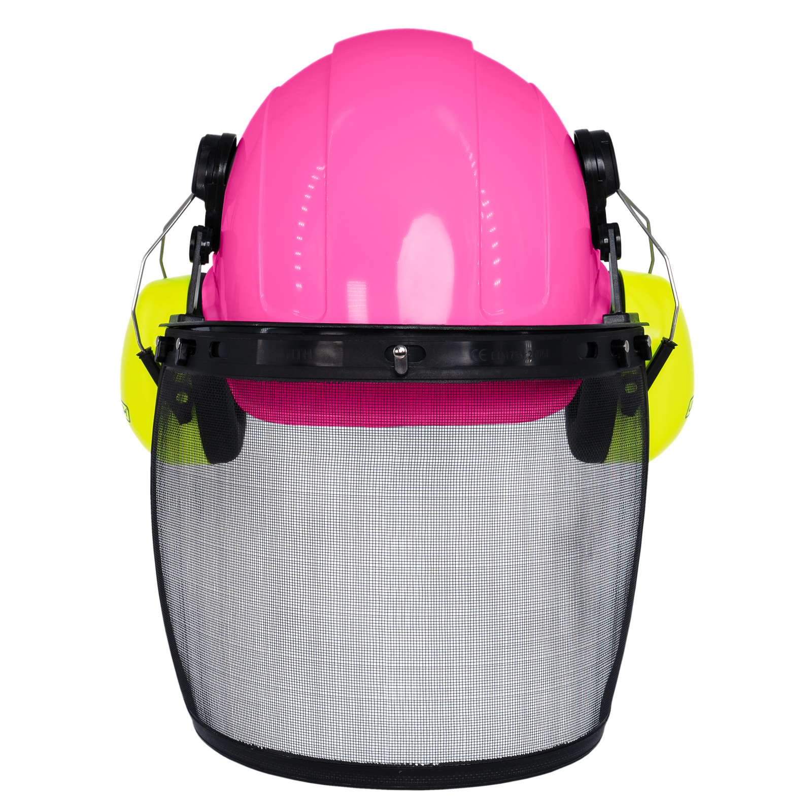 Pink Cap Style Hard Hat with Mountable Lime Earmuffs and Mesh Face Shield