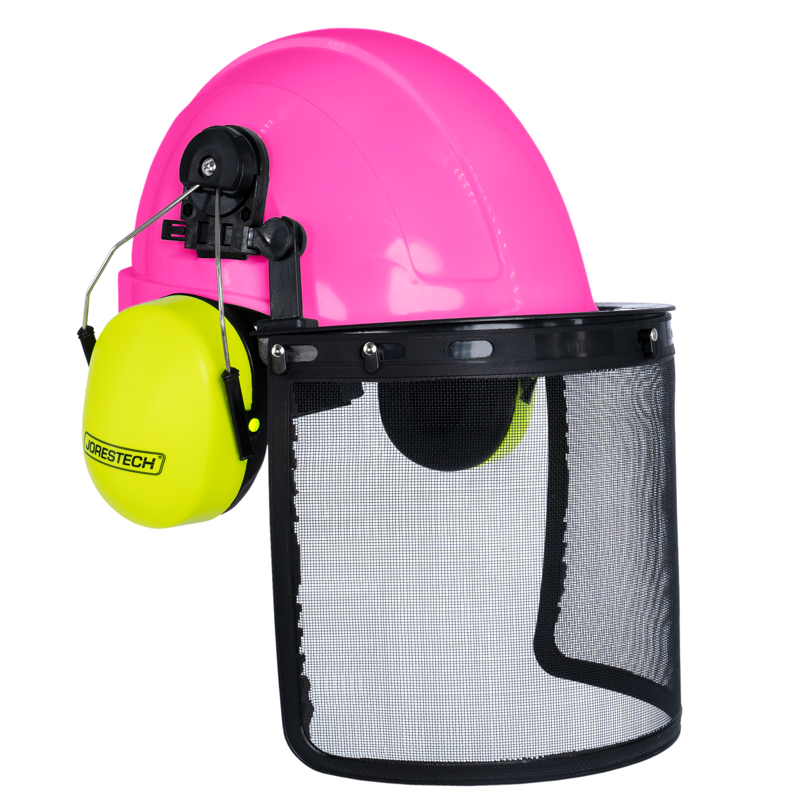 Pink Cap Style Hard Hat with Mountable Lime Earmuffs and Mesh Face Shield