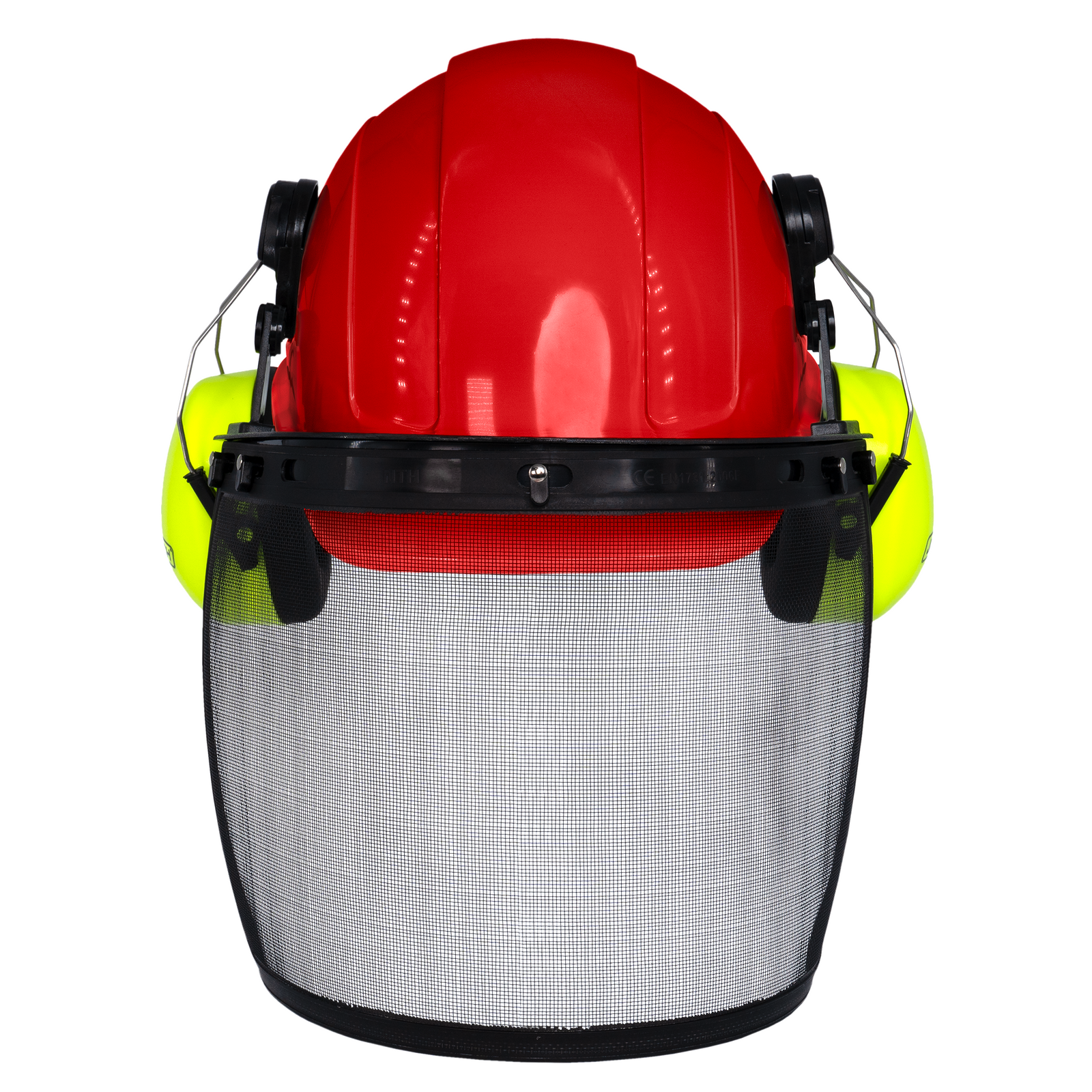 Red Cap Style Hard Hat with Mountable Lime Earmuffs and Mesh Face Shield