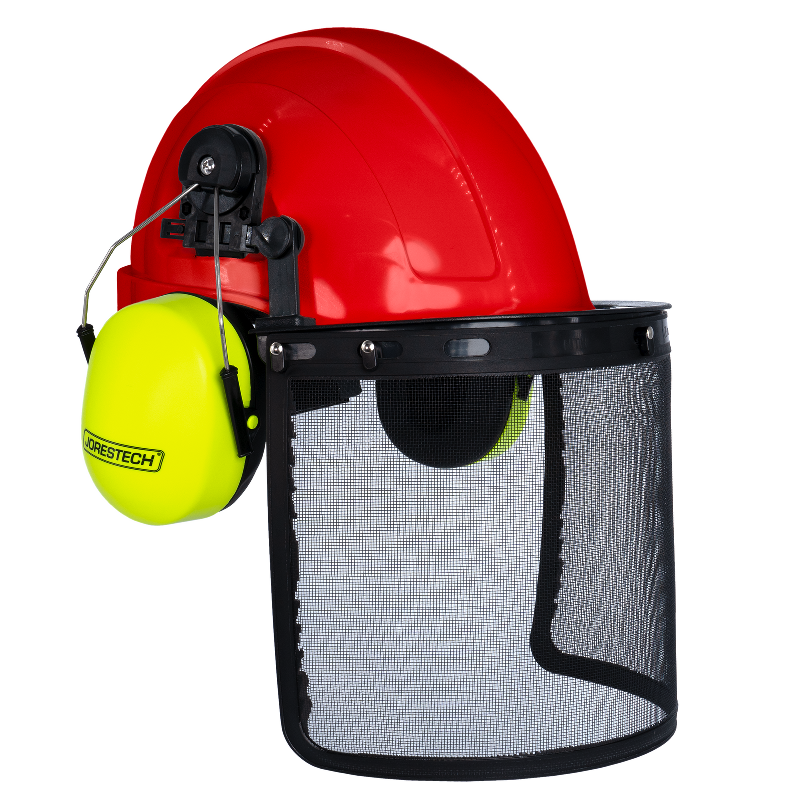 Red Cap Style Hard Hat with Mountable Lime Earmuffs and Mesh Face Shield