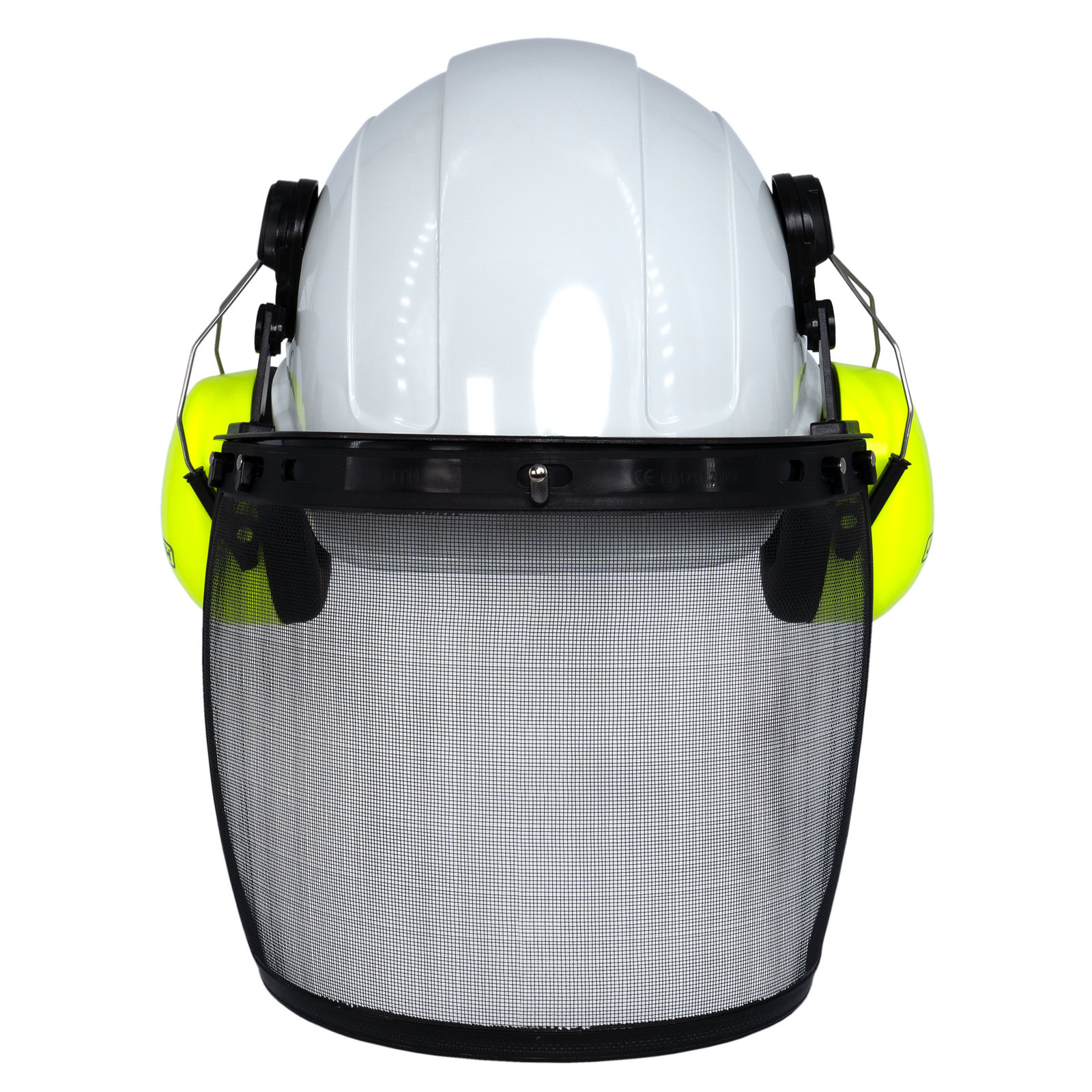 White Cap Style Hard Hat with Mountable Lime Earmuffs and Mesh Face Shield