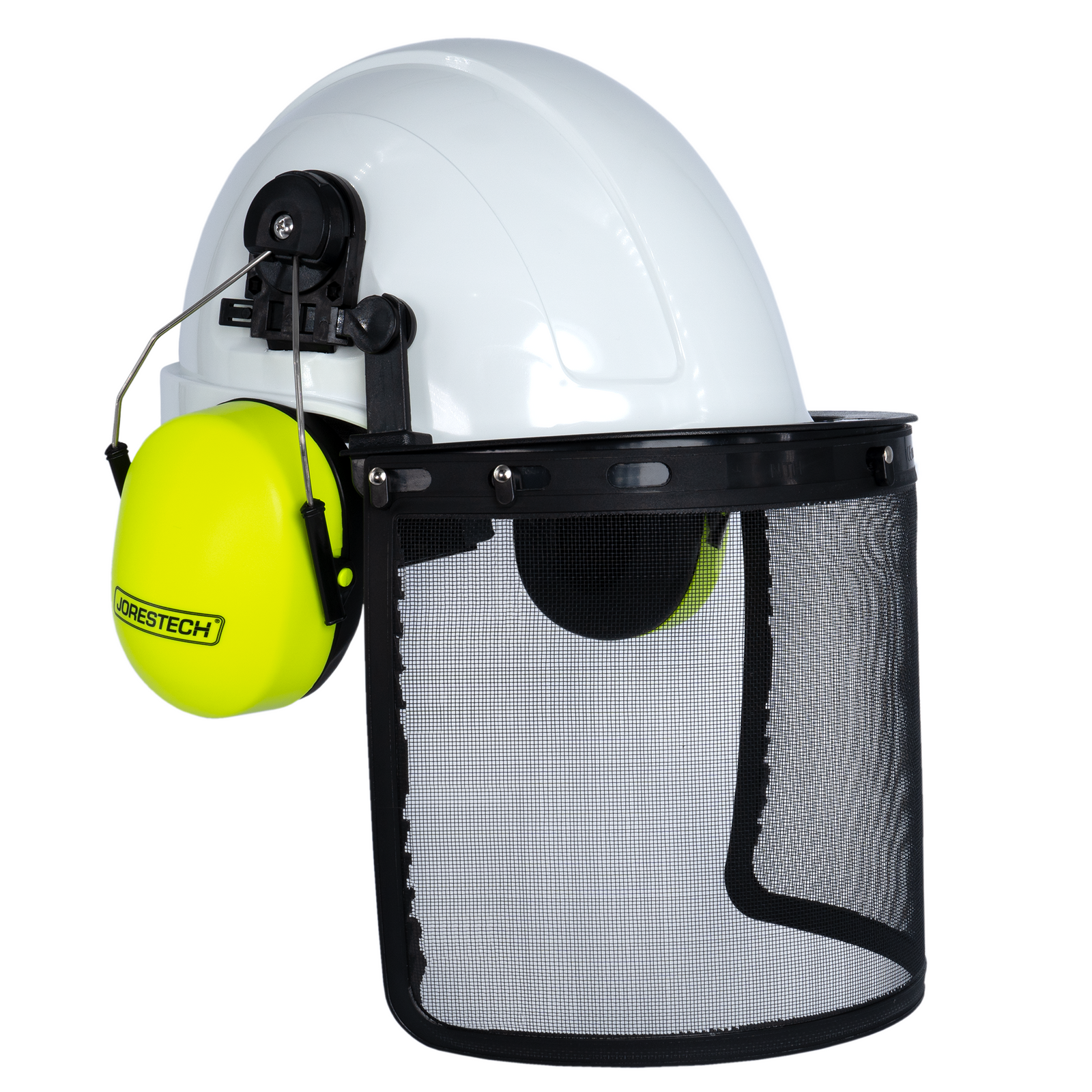 White Cap Style Hard Hat with Mountable Lime Earmuffs and Mesh Face Shield