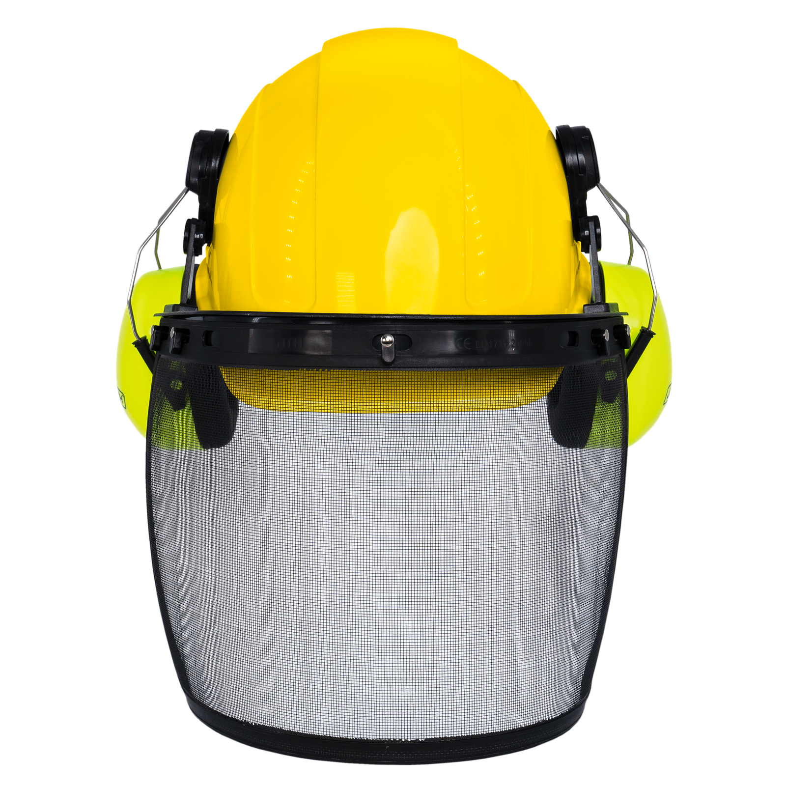 Yellow Cap Style Hard Hat with Mountable Lime Earmuffs and Mesh Face Shield