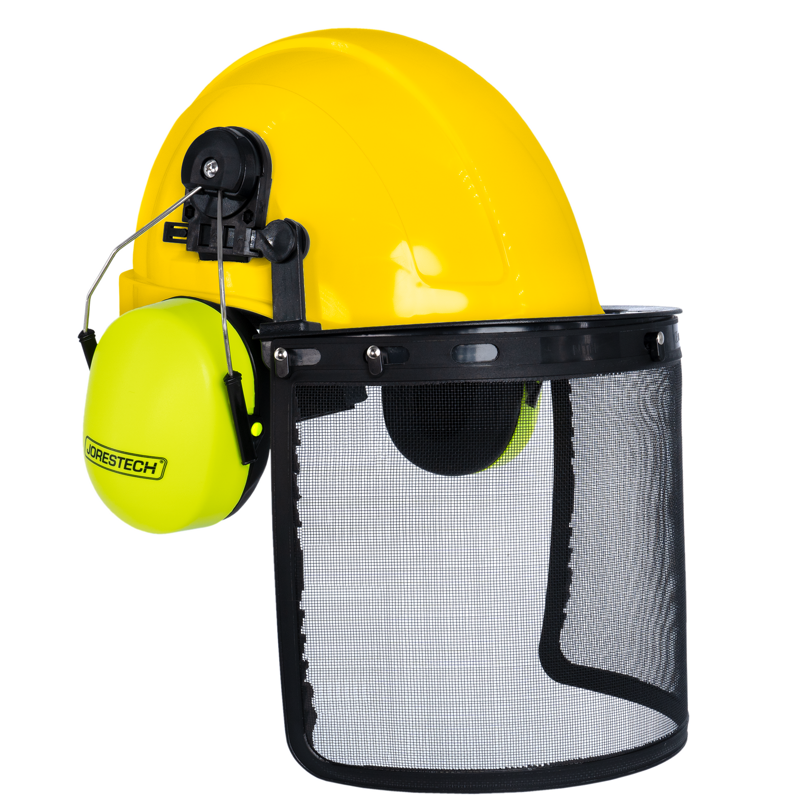 Yellow 4 Point Suspension Cap Style Hard Hat with Mountable Lime Earmuffs and Mesh Face Shield