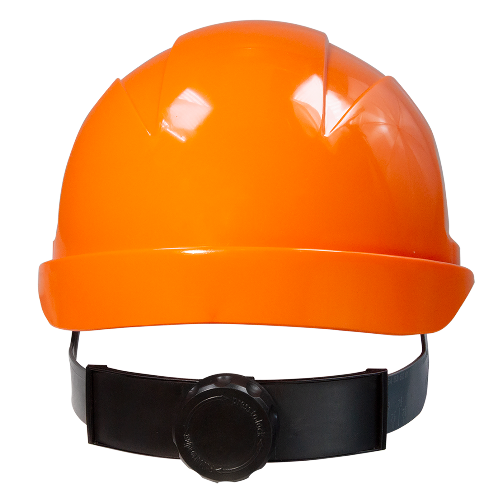 Orange hard hat with size adjustable ratchet system
