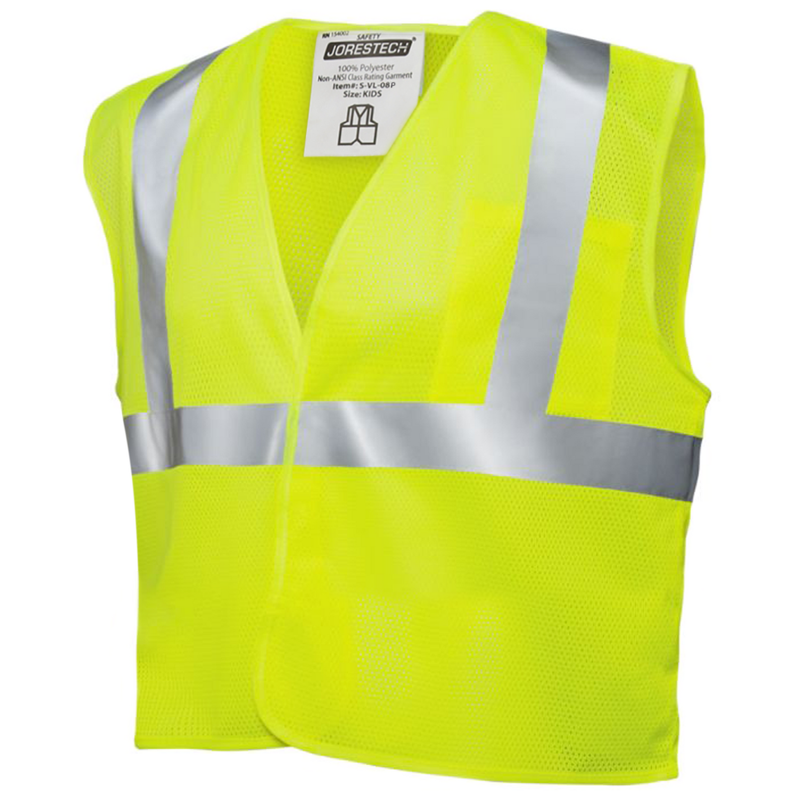 Children's lime safety vest with reflective strips.