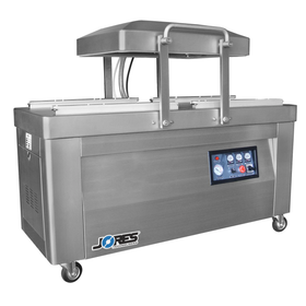 Stainless steel commercial doble chamber vacuum sealer with dual 23 inches seal bar. The machine has the lid open